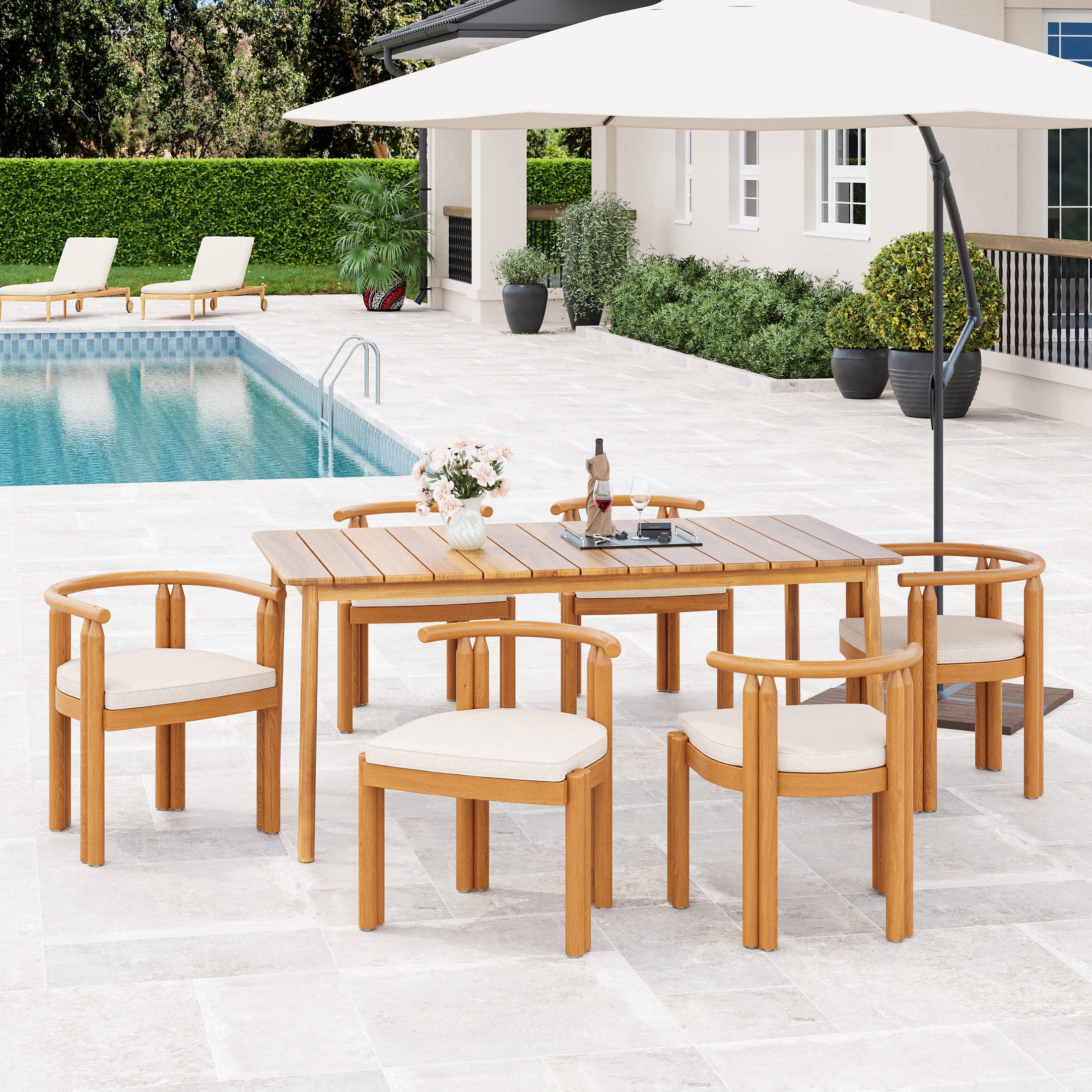 Christopher Knight Home 7-Piece Wood Outdoor Dining Table Set with 4 Armless and 2 Armrest Chairs, Teak+Beige