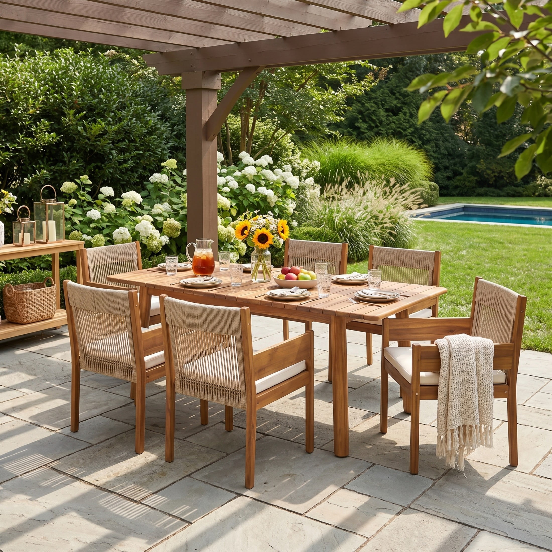 Christopher Knight Home 7-Piece Wood Outdoor Extendable Dining Table with Rope Chairs Set, Teak+Beige