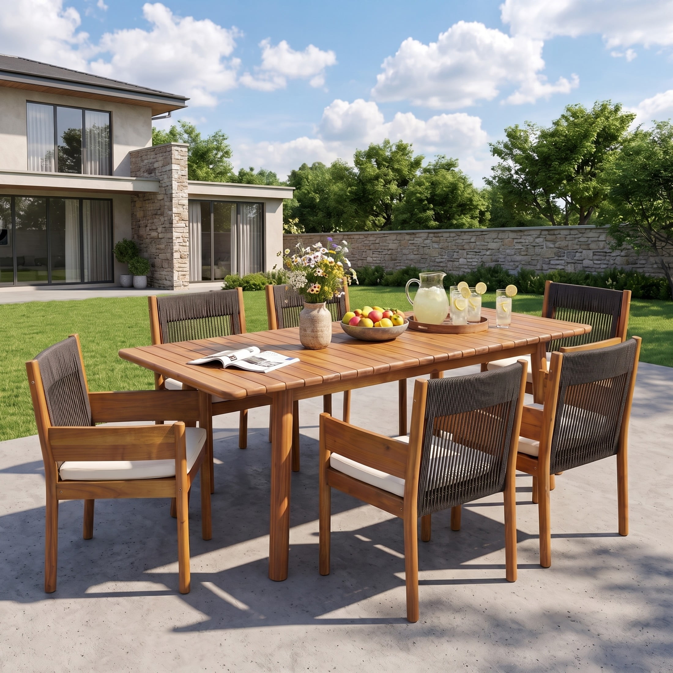 Christopher Knight Home 7-Piece Wood Outdoor Extendable Dining Table with Rope Chairs Set, Teak+Black