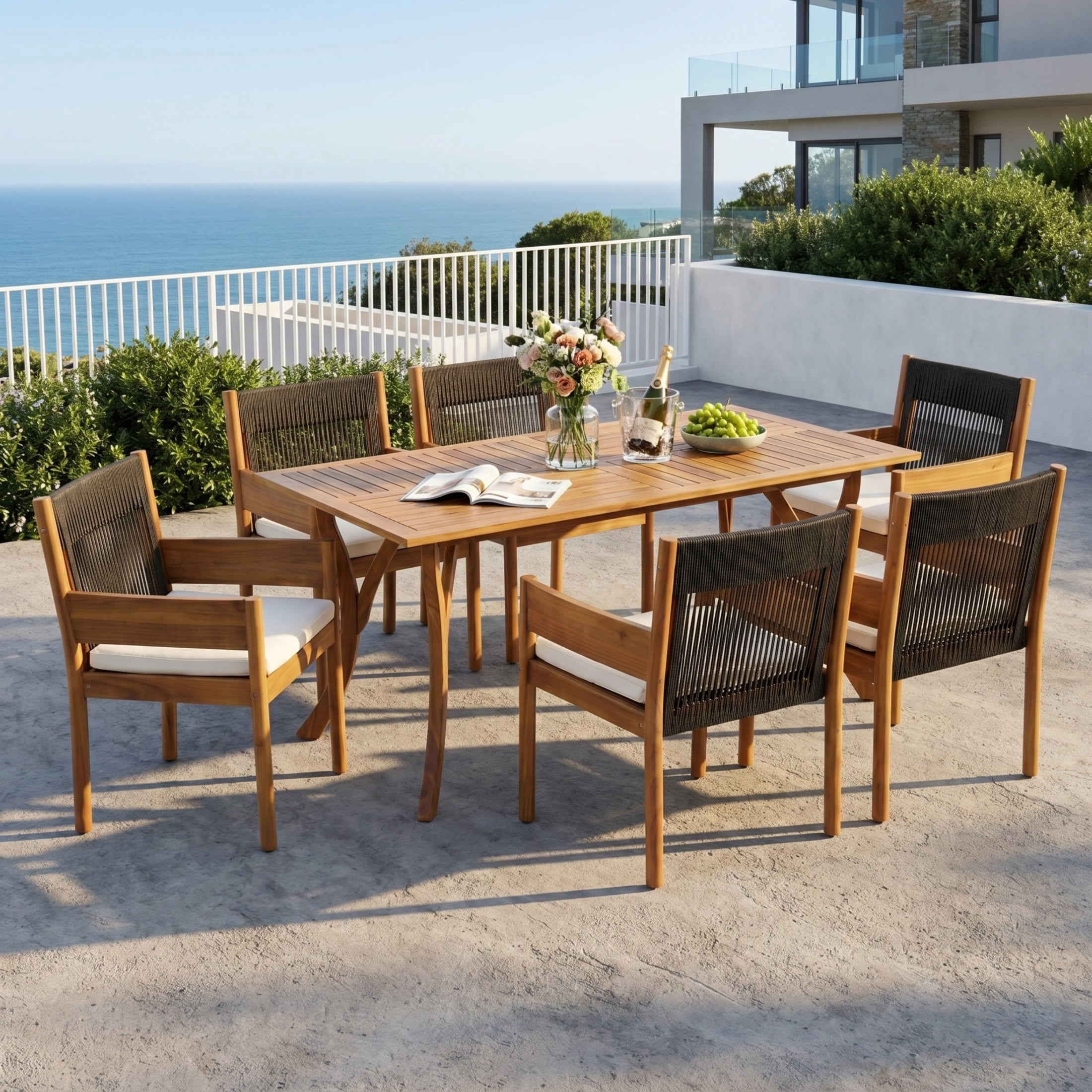 Christopher Knight Home 7-Piece Wood Patio Dining Set, 59" Table with 6 Rope Chairs, Teak+Black