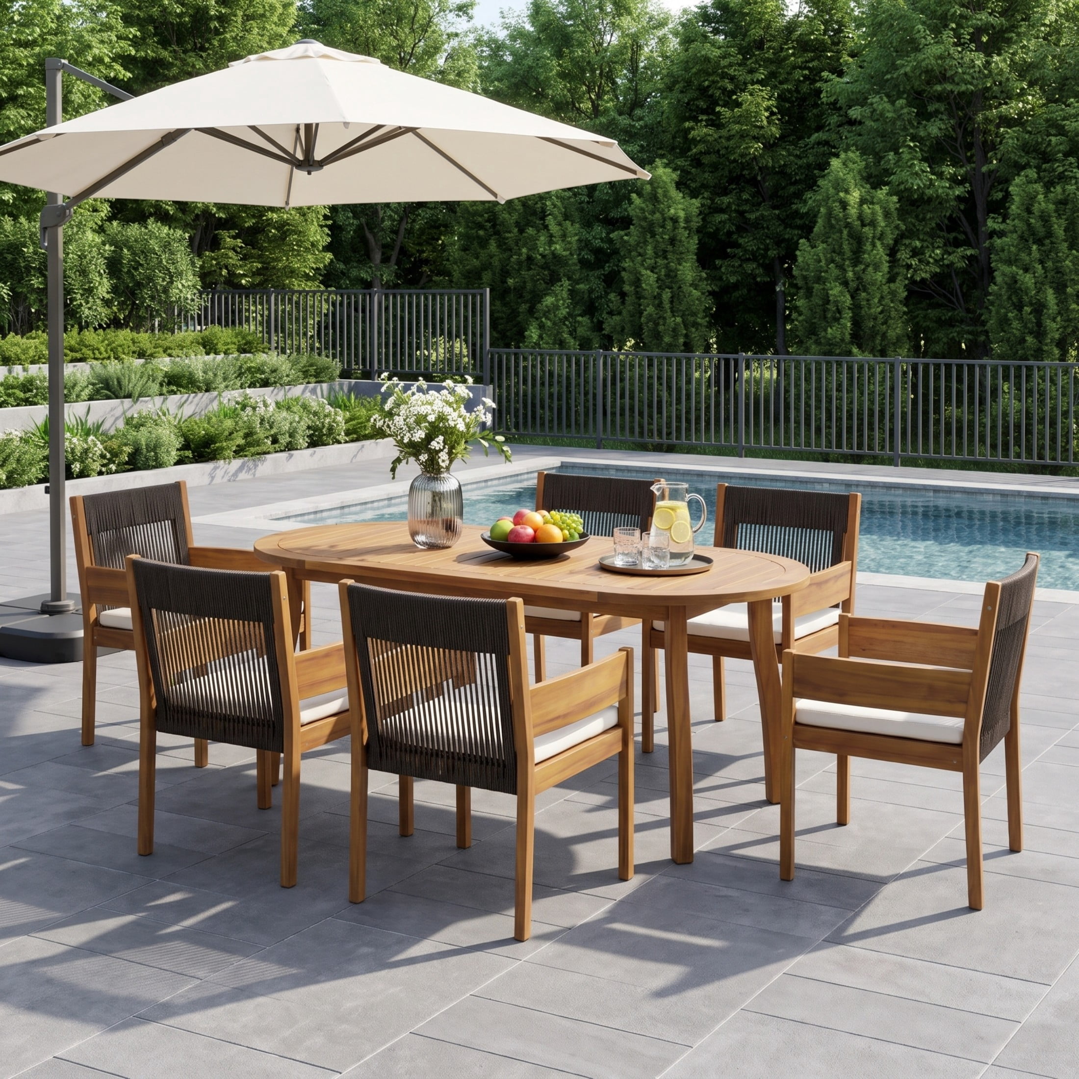 Christopher Knight Home 7-Piece Wood Patio Dining Set, 70" Oval Table with 6 Rope Chairs, Teak+Black