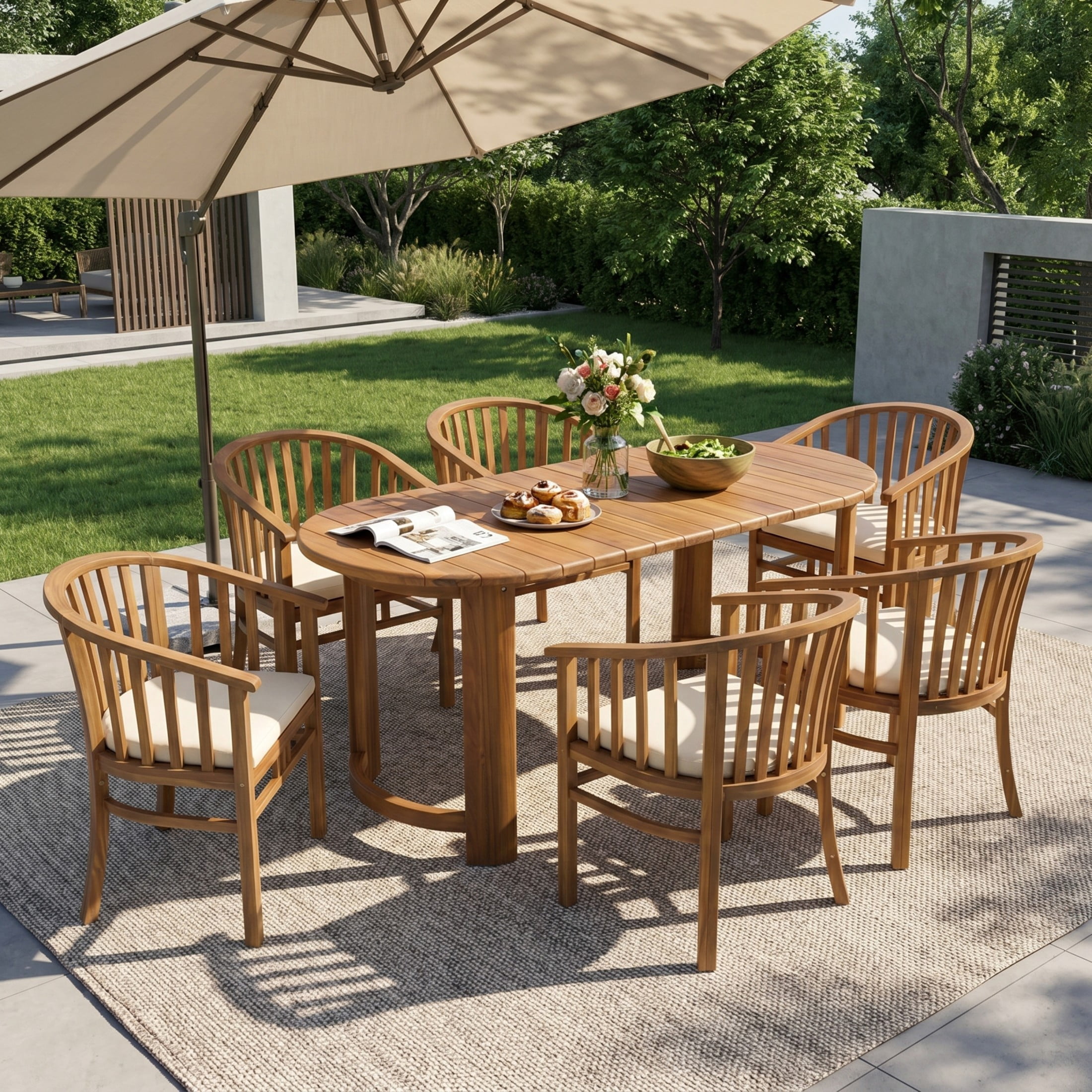 Christopher Knight Home 7-Piece Wood Patio Dining Set, Oval Table with 6 Armchairs, Teak+Cream