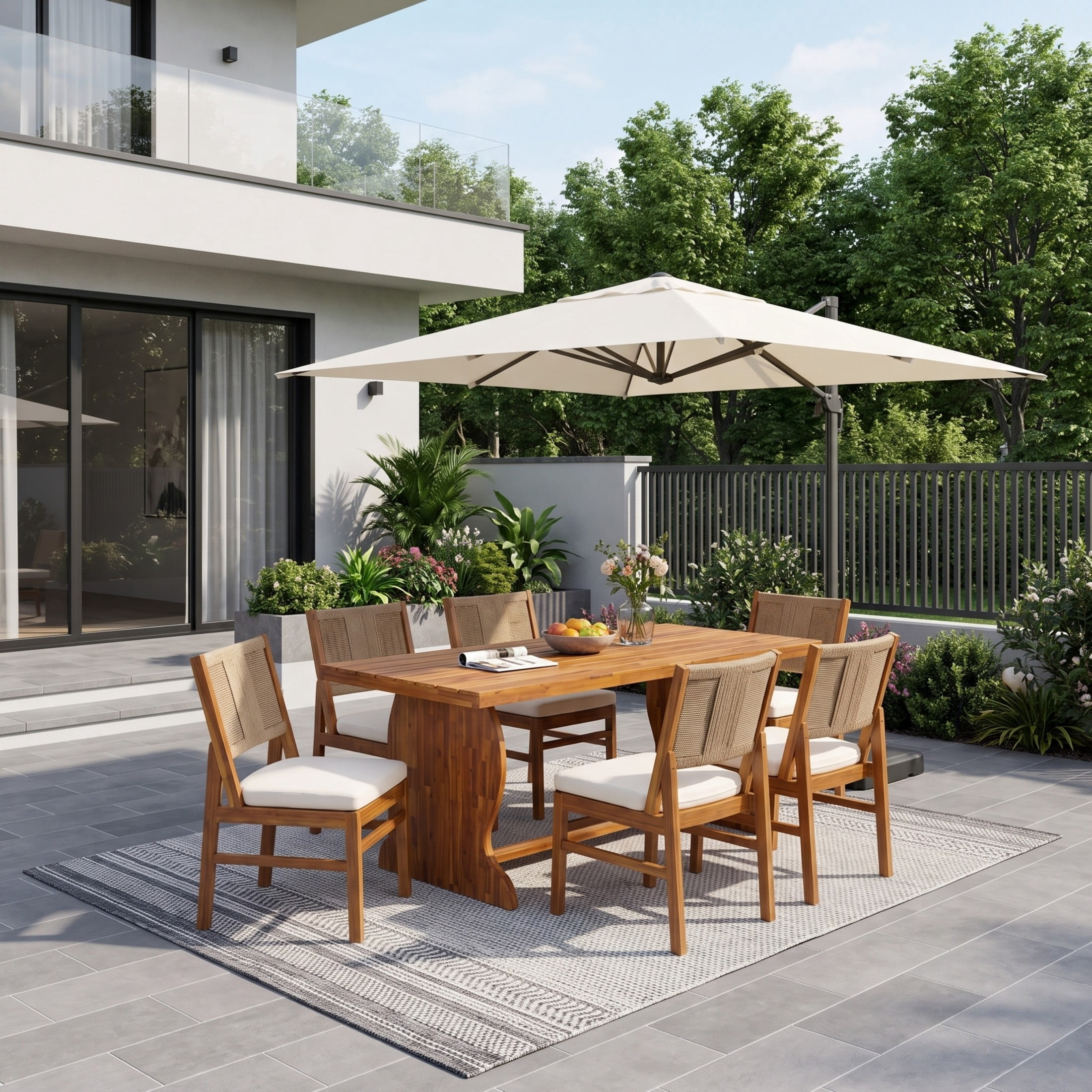 Christopher Knight Home 7-Piece Wood Patio Dining Table with Line Weave Wicker Back Chairs, Natural Stained+Cream