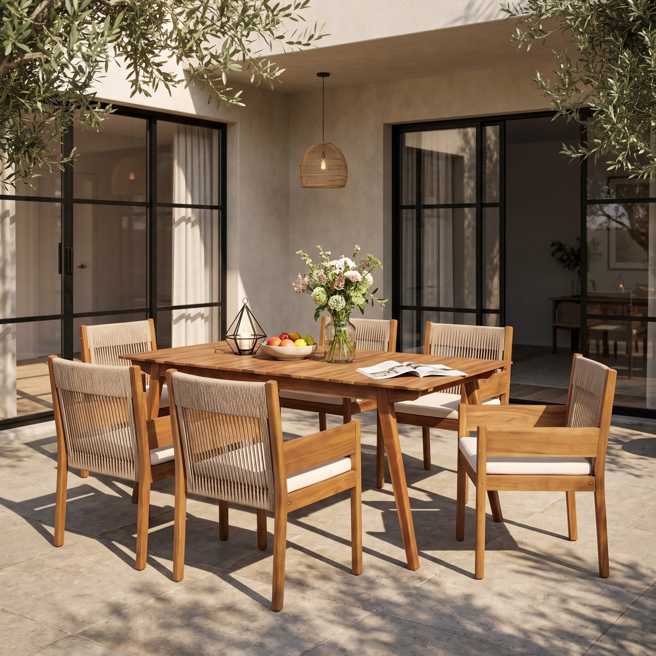 Christopher Knight Home 7-Piece Wooden Patio Dining Set, 68.5" Table with 6 Rope Chairs, Teak+Beige
