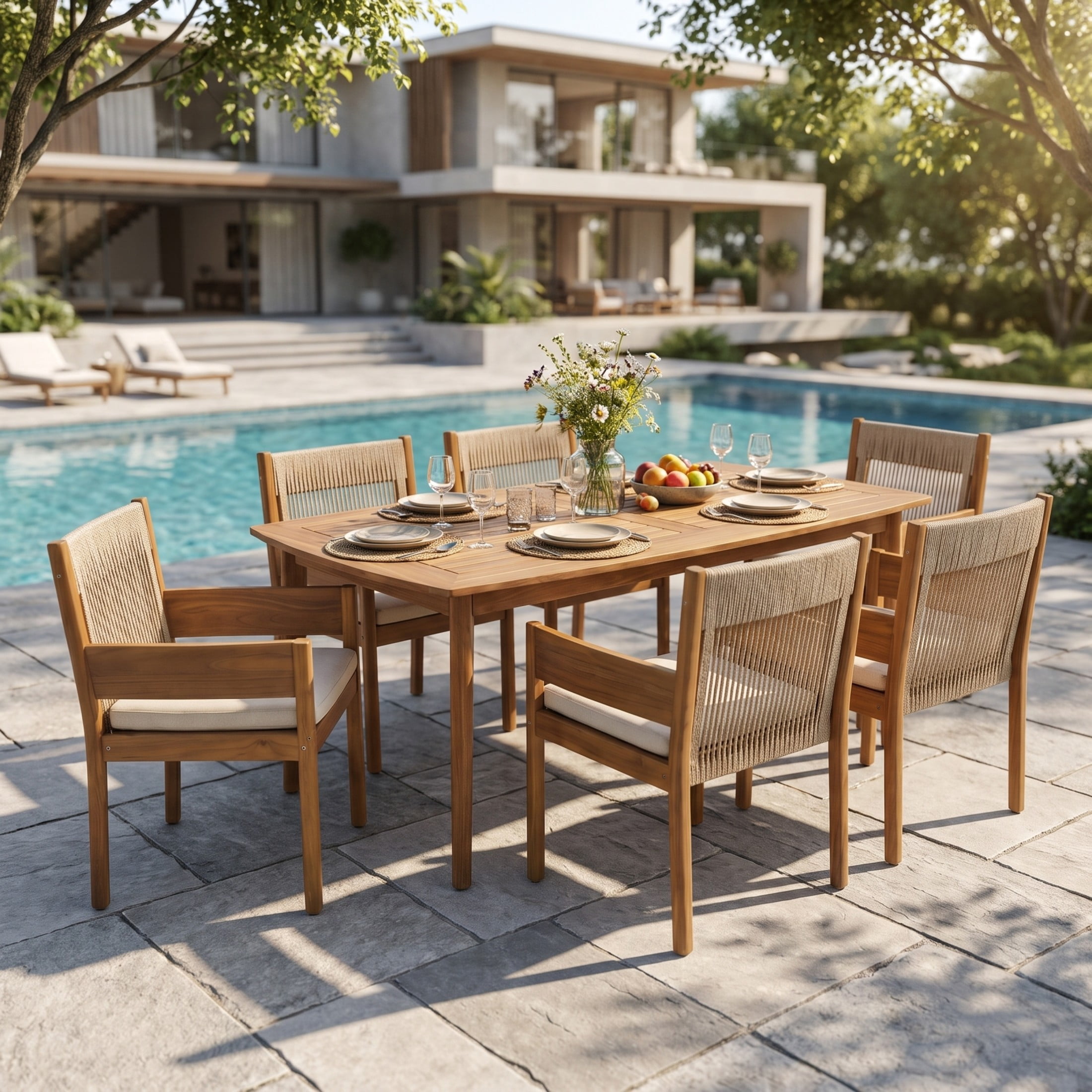 Christopher Knight Home 7-Piece Wooden Patio Dining Set, 71" Table with 6 Rope Chairs, Teak+Beige