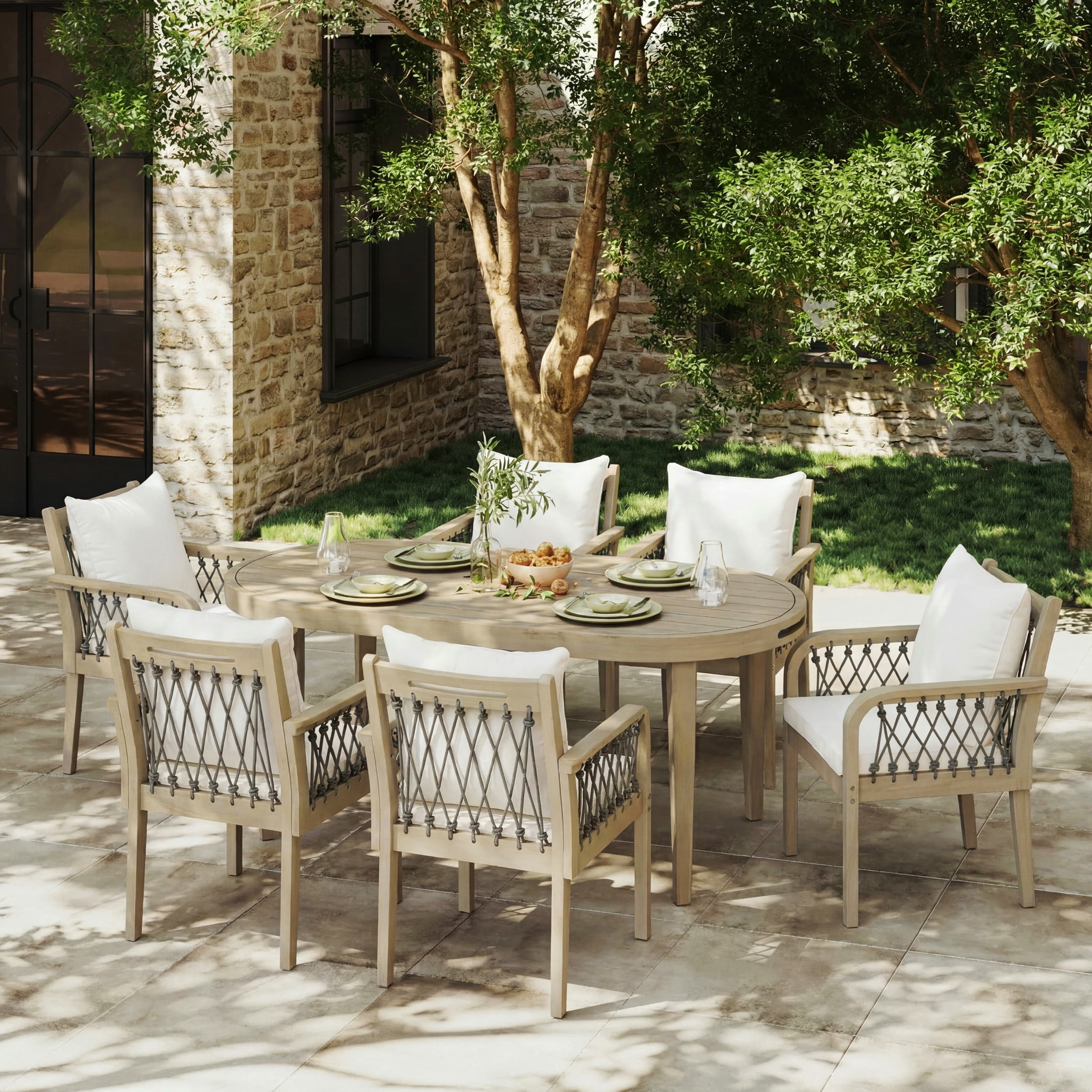 Christopher Knight Home 7-Piece Wooden Patio Dining Set with Rope Chairs and Cushions, Light Teak