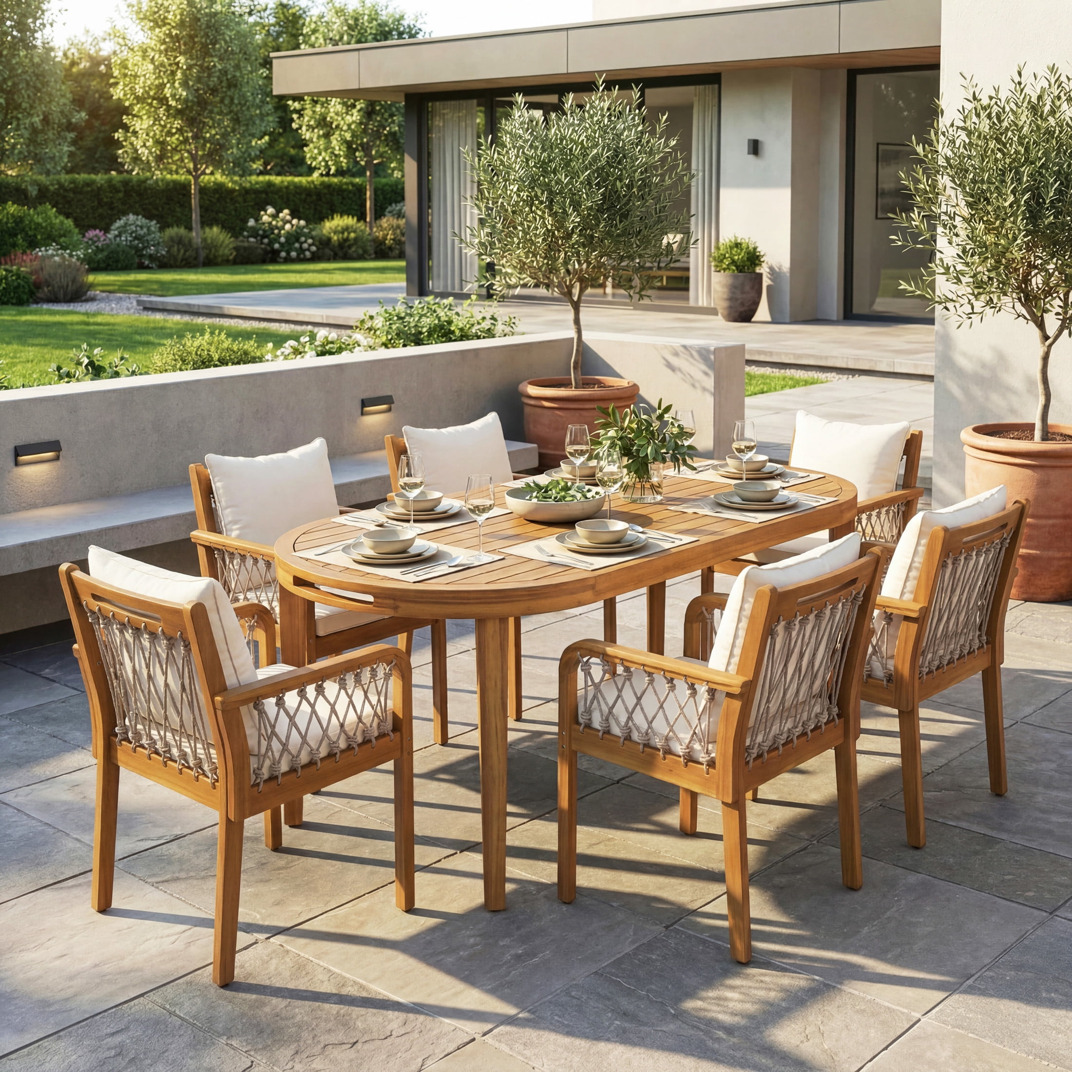 Christopher Knight Home 7-Piece Wooden Patio Dining Set with Rope Chairs and Cushions, Teak