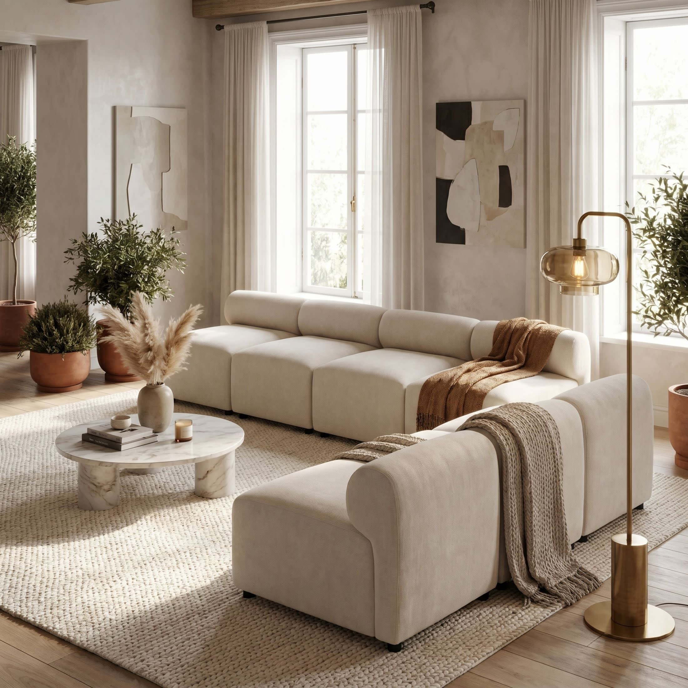 Christopher Knight Home 7-Seat Upholstered Modular Sectional Sofa, Round-Back with Deep Cushions, Beige