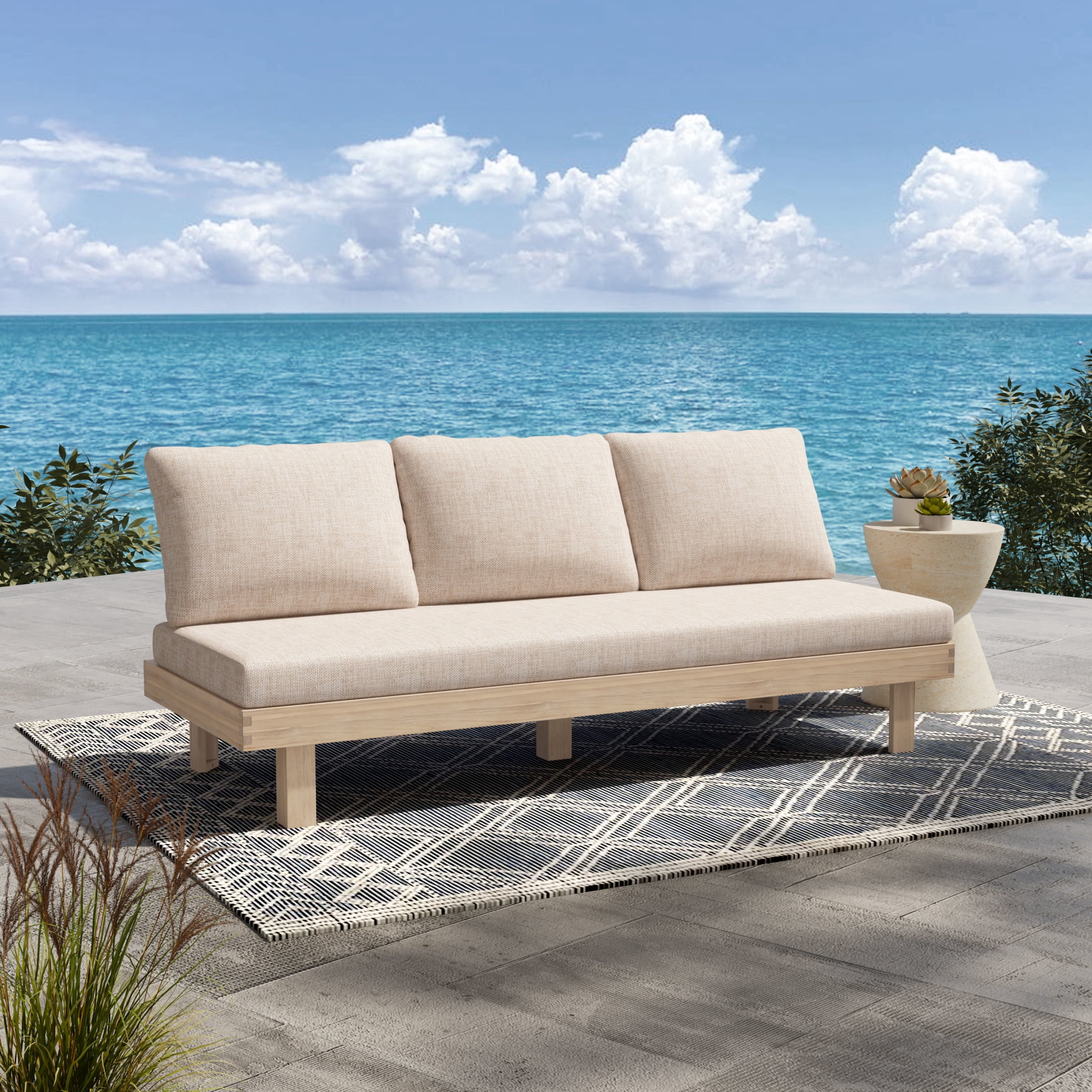 Christopher Knight Home 70.8" Outdoor 3 Seater Sofa, Armless Wood Frame with Cushions, Light White+Sand