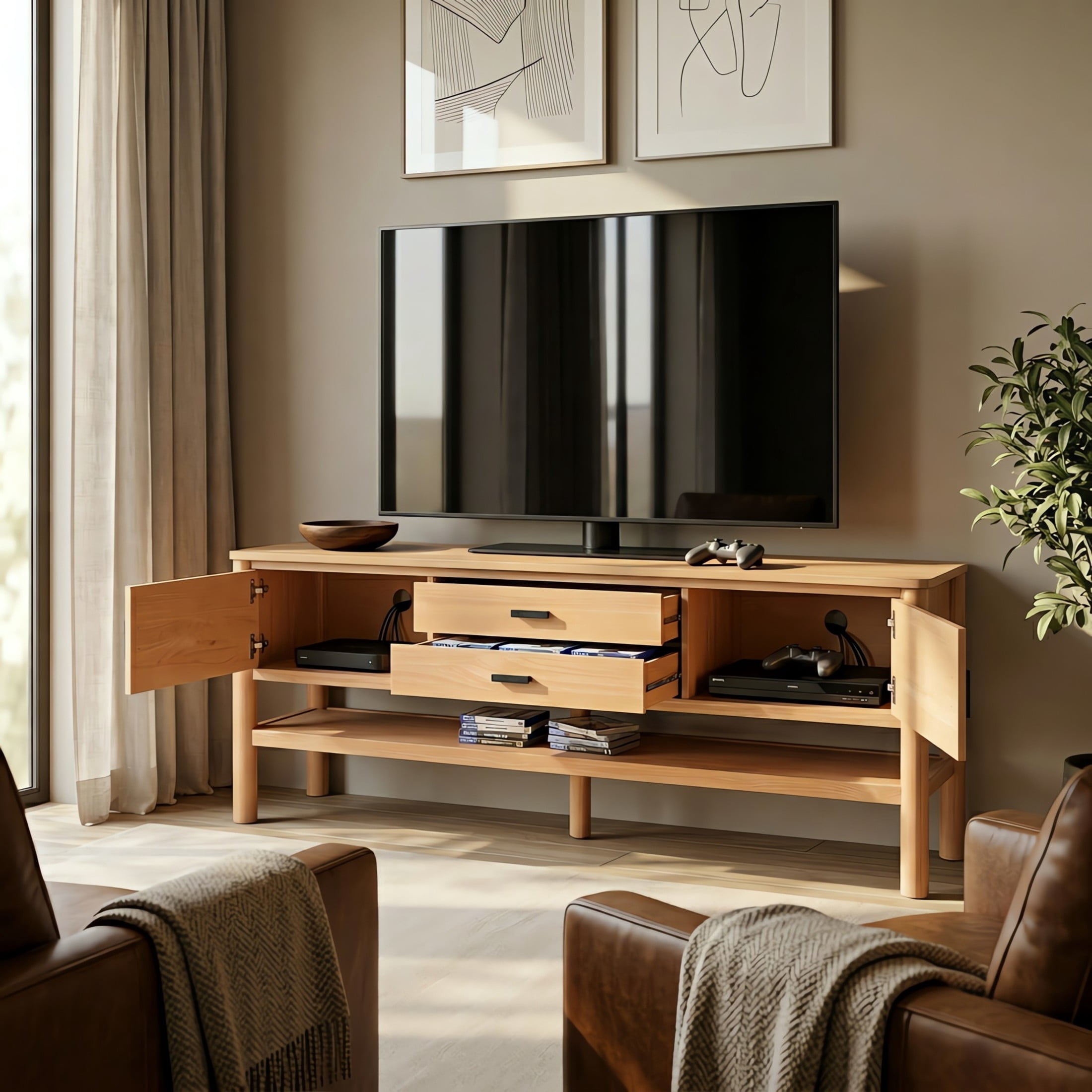 Christopher Knight Home 70" Modern Wood TV Stand, Media Console with Doors and Drawers, Light Oak