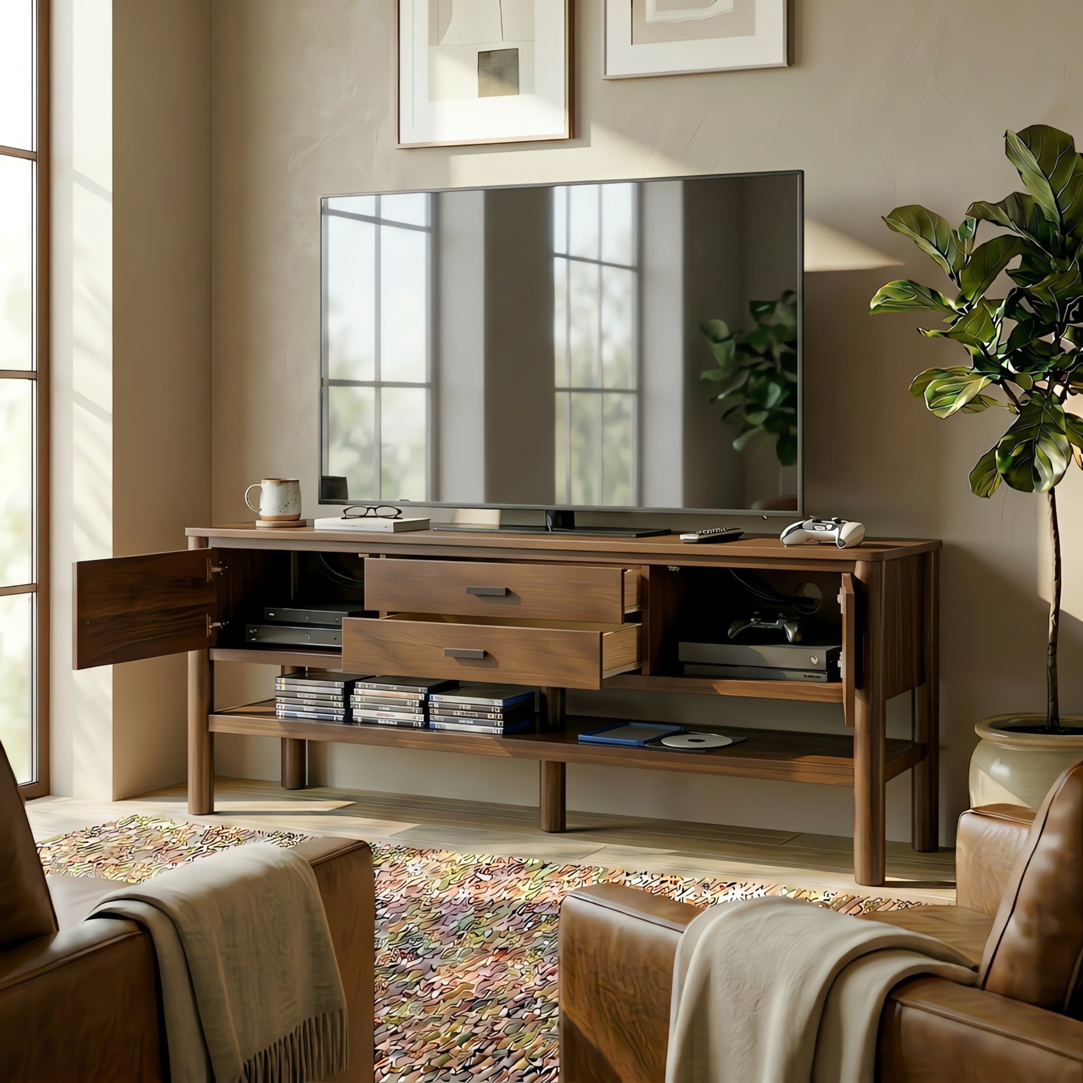 Christopher Knight Home 70" Modern Wood TV Stand, Media Console with Doors and Drawers, Walnut