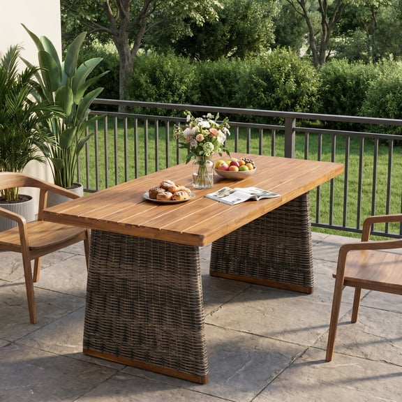 Christopher Knight Home 70" Outdoor Wood Rectangle Dining Table with Slatted Top and Rattan Legs, Grey
