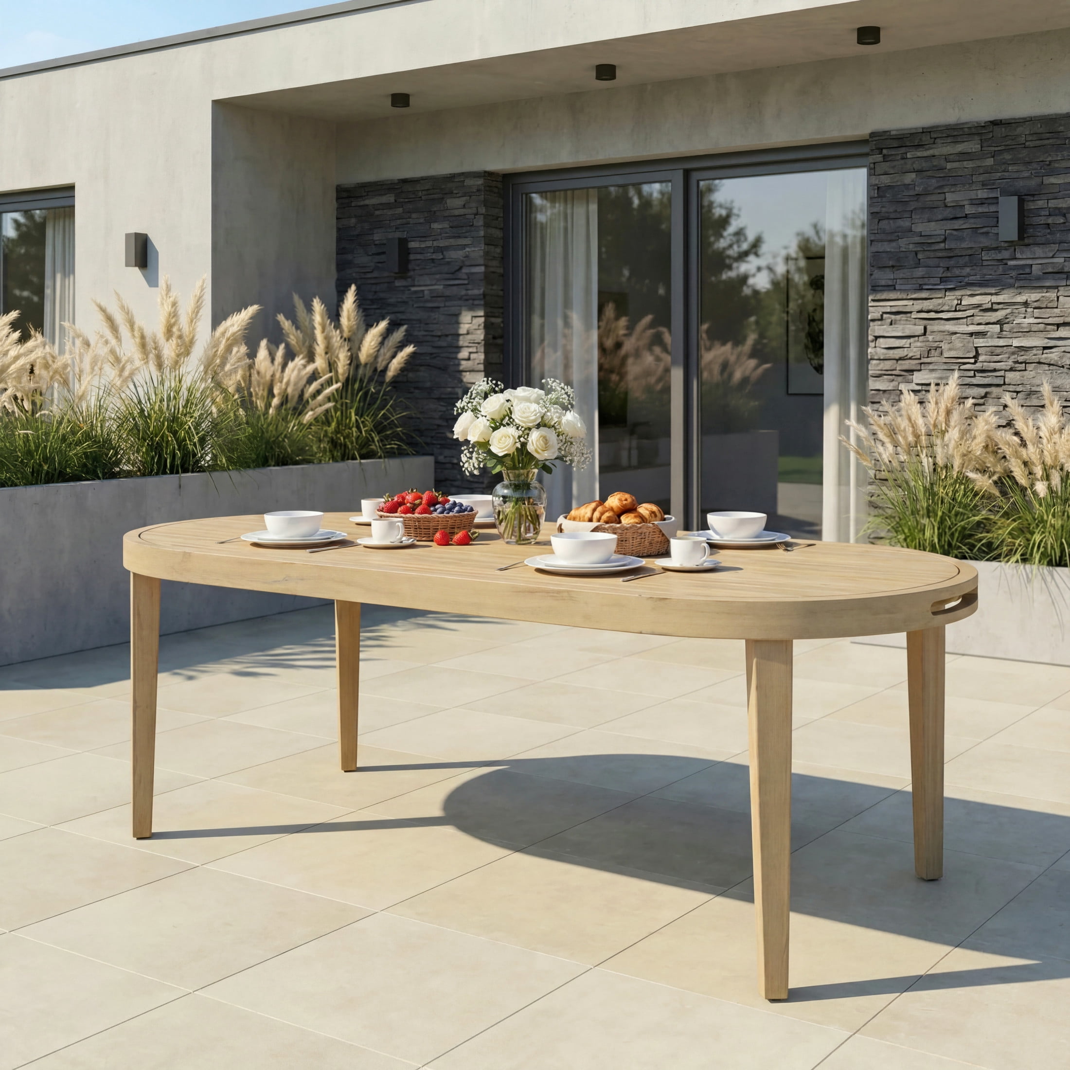 Christopher Knight Home 70" Oval Acacia Wood Outdoor Dining Table, Slatted Top, Weathered Finish, Light Teak
