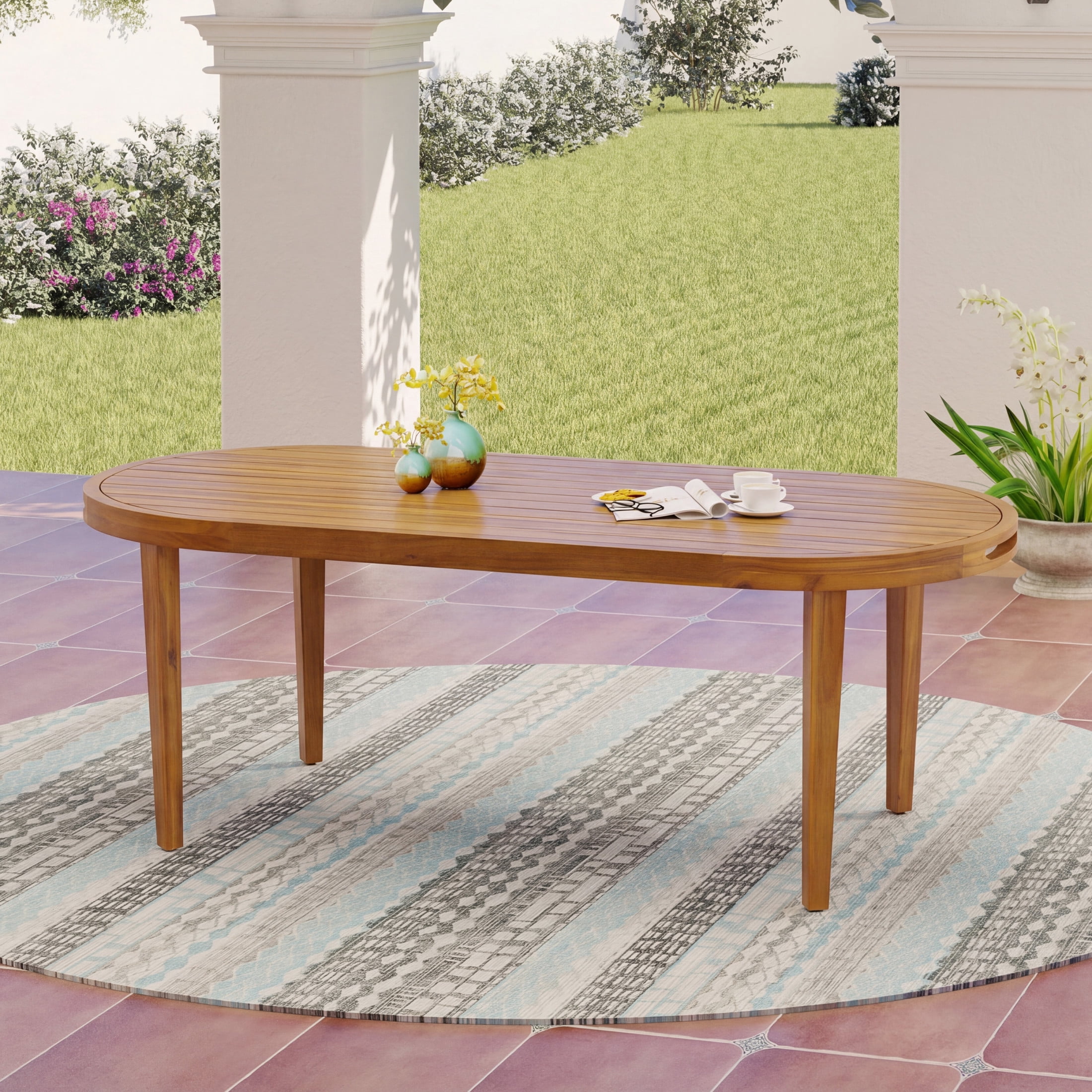 Christopher Knight Home 70" Oval Acacia Wood Outdoor Dining Table, Slatted Top, Weathered Finish, Teak