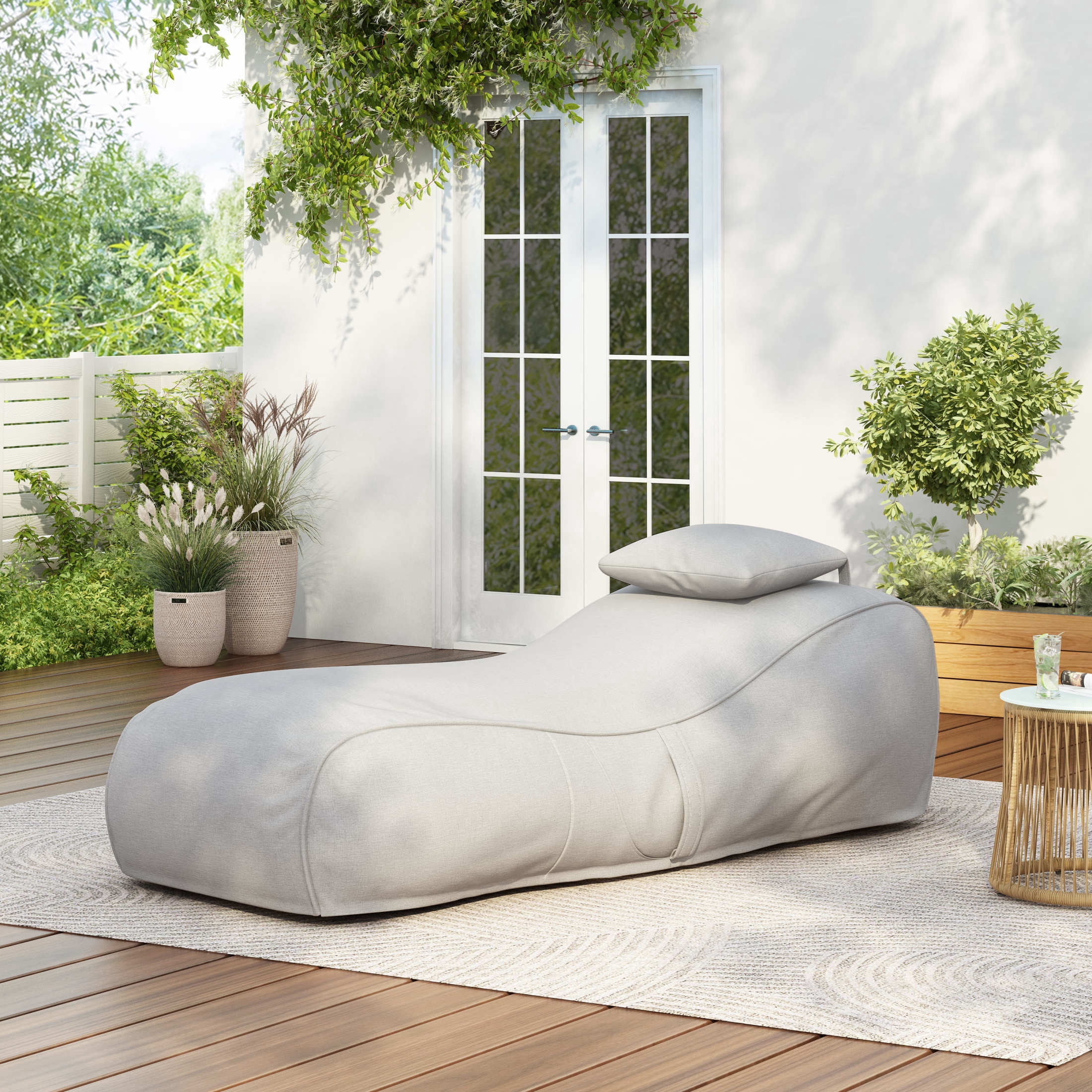 Christopher Knight Home 71" Outdoor Bean Bag Lounge Chair with Headrest Pillow, Plush Foam Fill, Light Gray