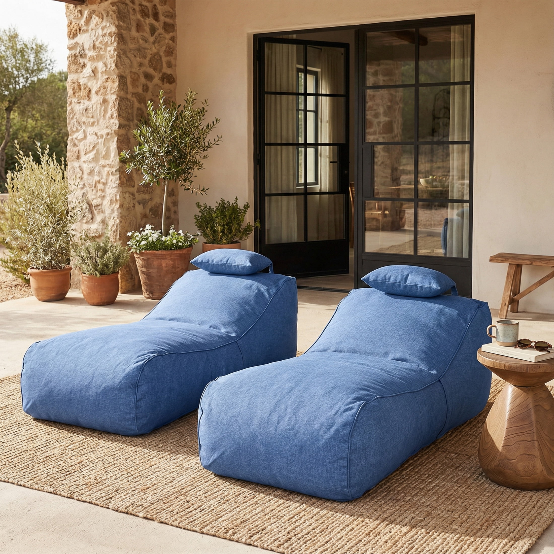 Christopher Knight Home 71" Outdoor Bean Bag Lounge Chair with Headrest Pillow, Plush Foam Fill, Navy Blue, Set of 2
