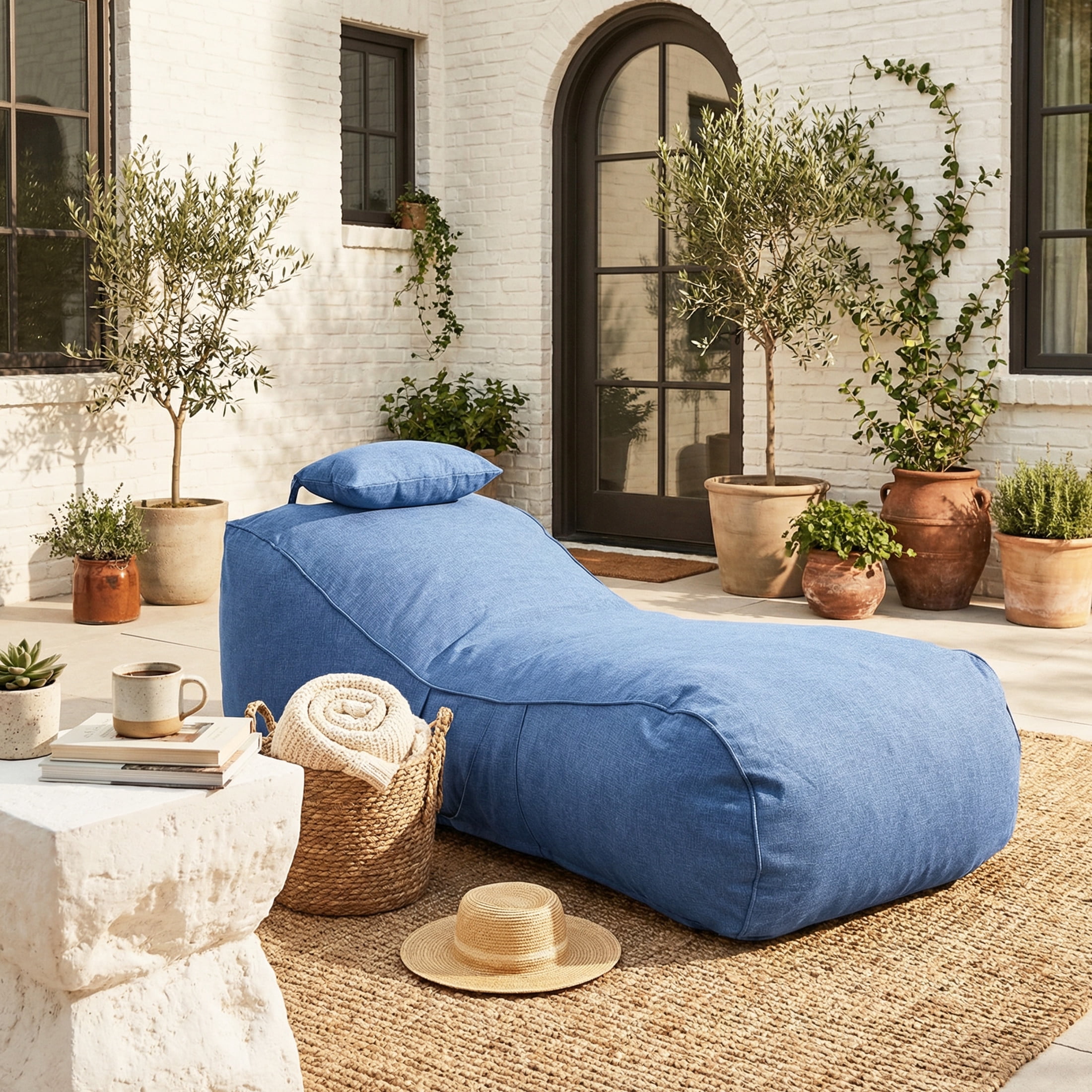 Christopher Knight Home 71" Outdoor Bean Bag Lounge Chair with Headrest Pillow, Plush Foam Fill, Navy Blue