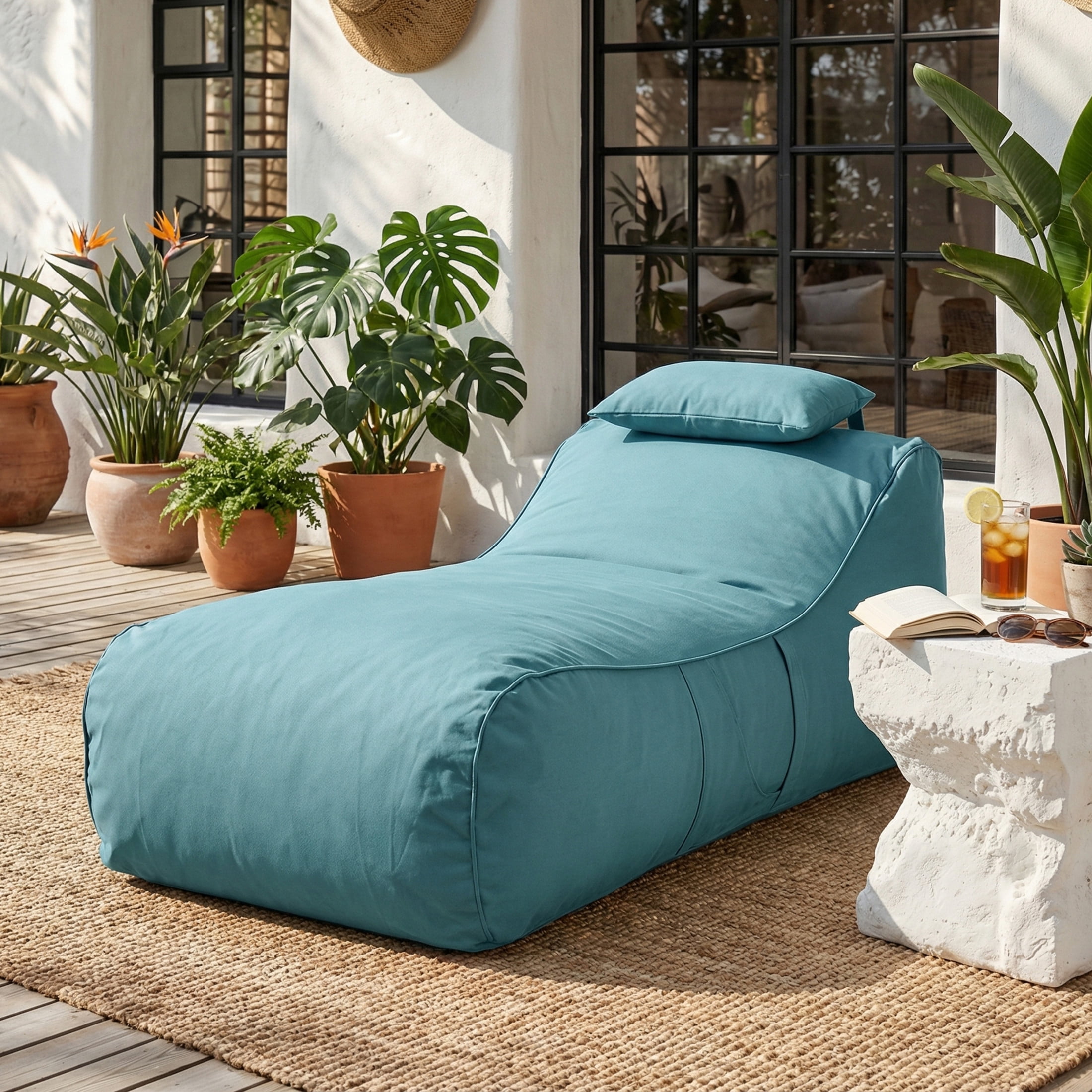 Christopher Knight Home 71" Outdoor Bean Bag Lounge Chair with Headrest Pillow, Plush Foam Fill, Teal