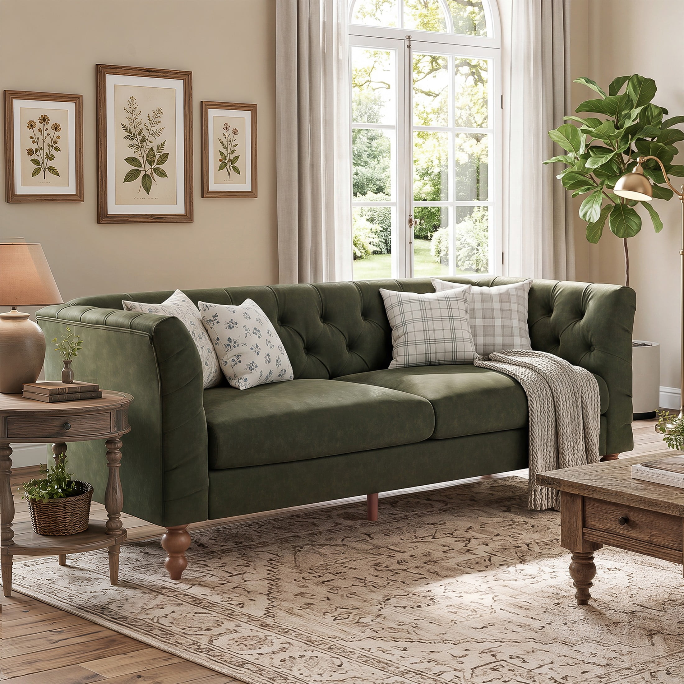 Christopher Knight Home 73.5" Chesterfield Sofa, Tufted PU Leather Couch with Flared Arms, Green