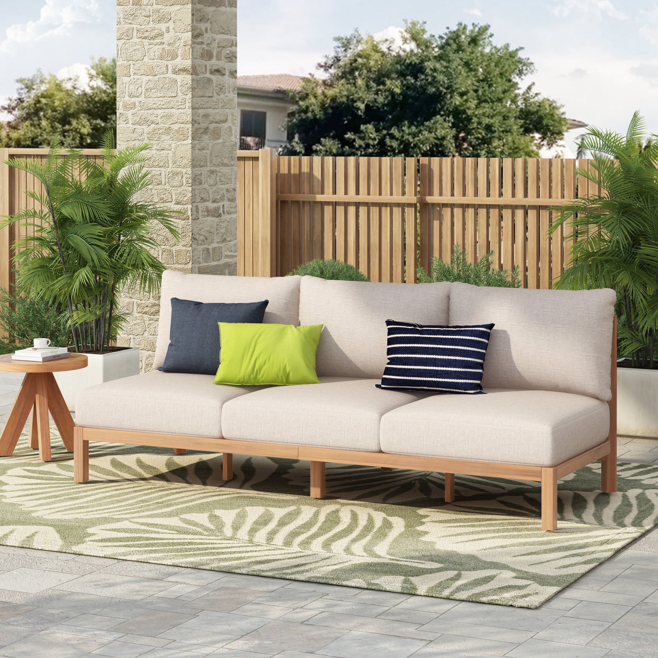 Christopher Knight Home 73" Wood Outdoor 3-Seater Sofa with Rope Back and Beige Cushions, Light Teak