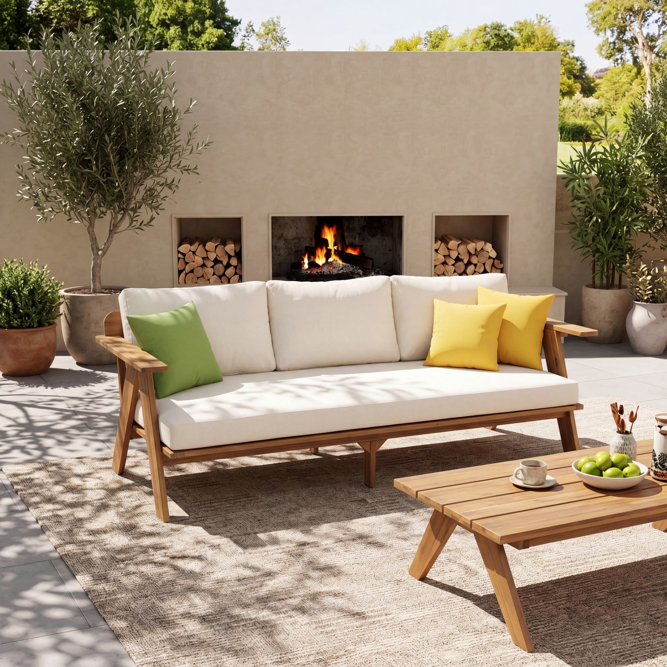 Christopher Knight Home 75" Mid-Century Outdoor Acacia Wood 3-Seater Sofa with Cushions, Teak+Beige