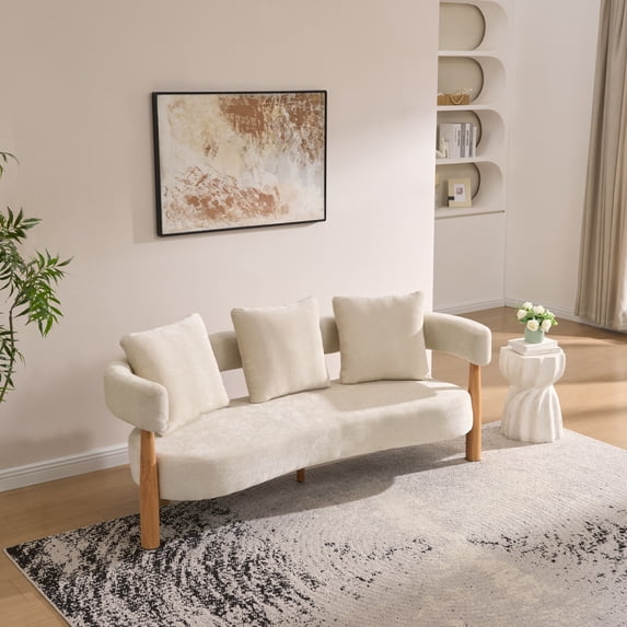 Christopher Knight Home 76.5" Modern Upholstered Sofa, Curved Design, 3-Seater Couch with Pillows, Beige