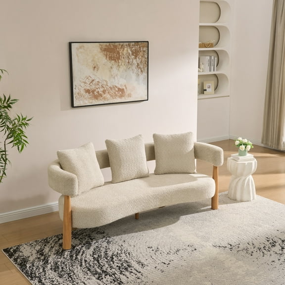 Christopher Knight Home 76.5" Modern Upholstered Sofa, Curved Design, 3-Seater Couch with Pillows, Sesame