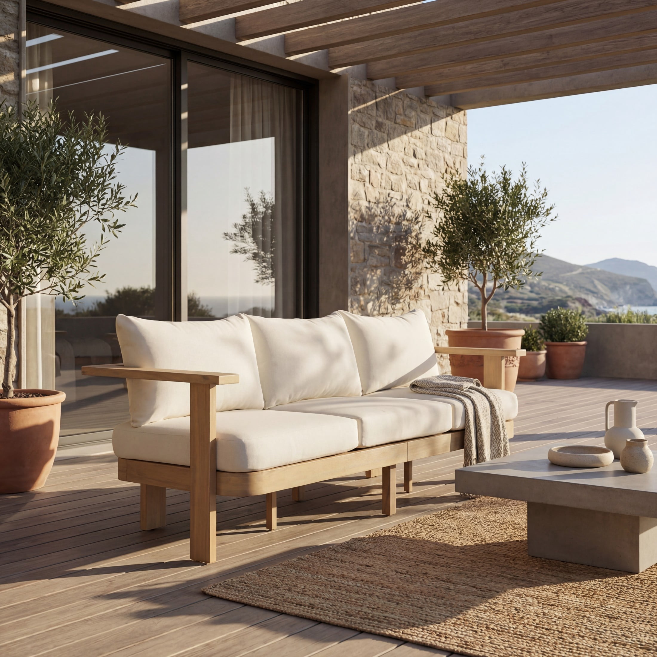 Christopher Knight Home 76.77" Outdoor Acacia Wood 3-Seater Sofa with Cushions, Light Teak + Cream