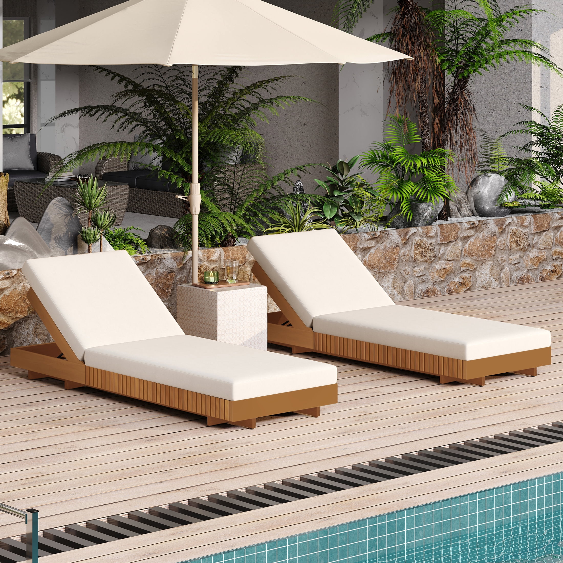 Christopher Knight Home 76.8" Outdoor Chaise Lounge with Foldable Cushion, Adjustable Backrest, Wood Frame, Cream, Set of 2