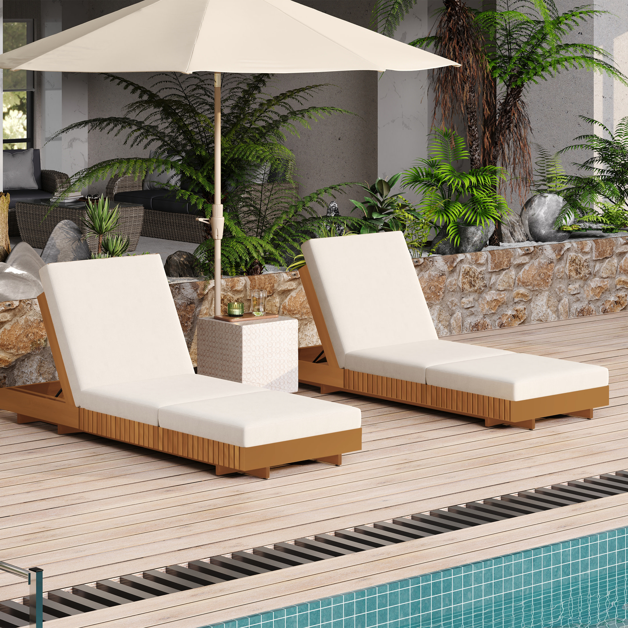 Christopher Knight Home 76.8" Outdoor Chaise Lounge with Tri-Foldable Cushion, Adjustable Backrest, Wood Frame, Cream, Set of 2