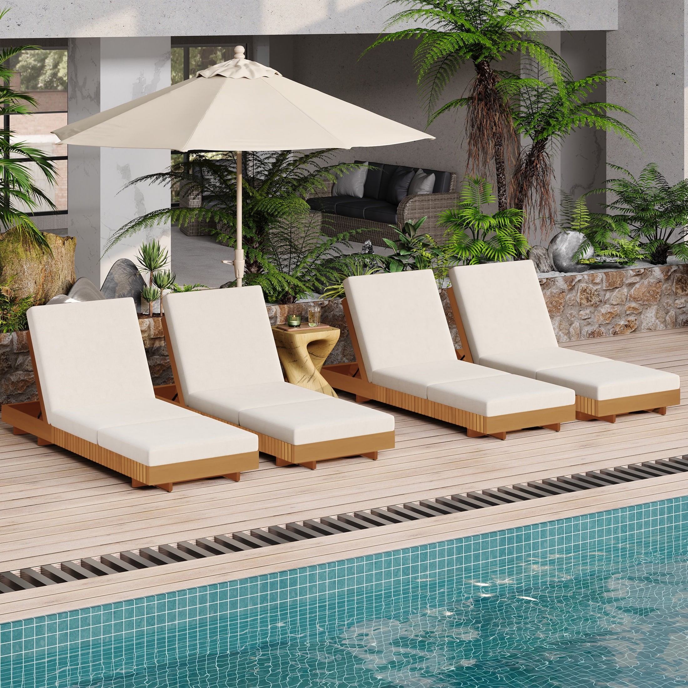 Christopher Knight Home 76.8" Outdoor Chaise Lounge with Tri-Foldable Cushion, Adjustable Backrest, Wood Frame, Cream, Set of 4