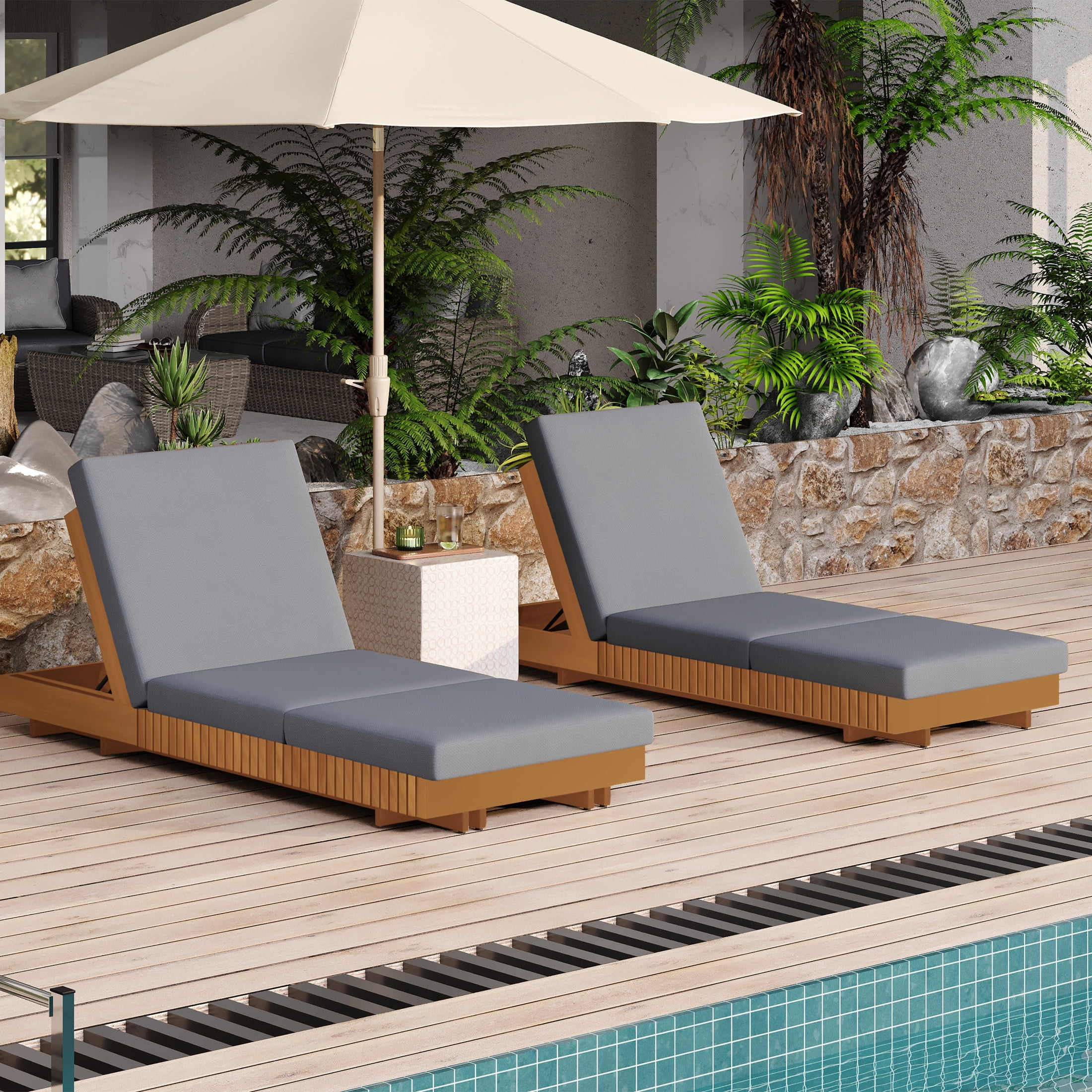Christopher Knight Home 76.8" Outdoor Chaise Lounge with Tri-Foldable Cushion, Adjustable Backrest, Wood Frame, Dark Gray, Set of 2