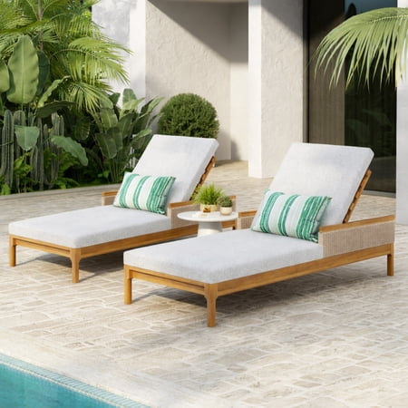Christopher Knight Home 76.8" Outdoor Wood Adjustable Sun Lounger with Cushion and Wicker Accents, Light Gray, Set of 2