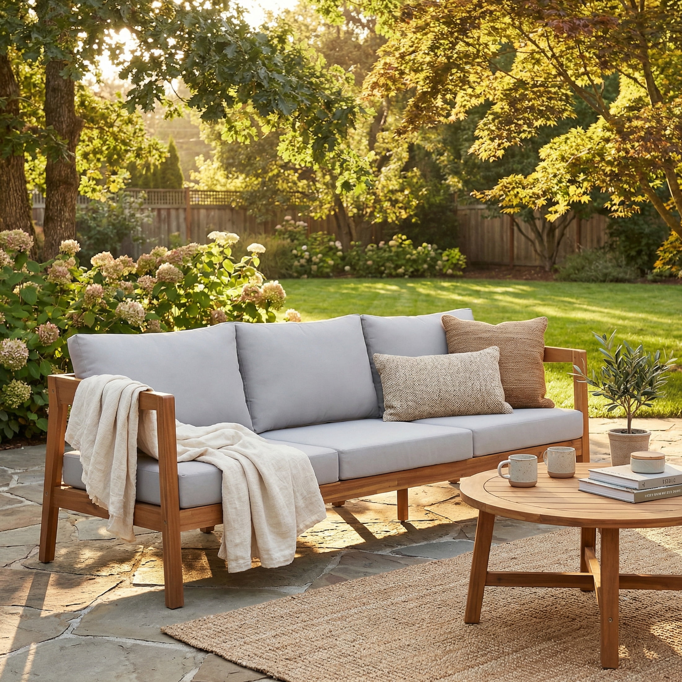 Christopher Knight Home 76" Acacia Wood 3-Seater Outdoor Patio Sofa with Light Gray Cushions, Teak Finish
