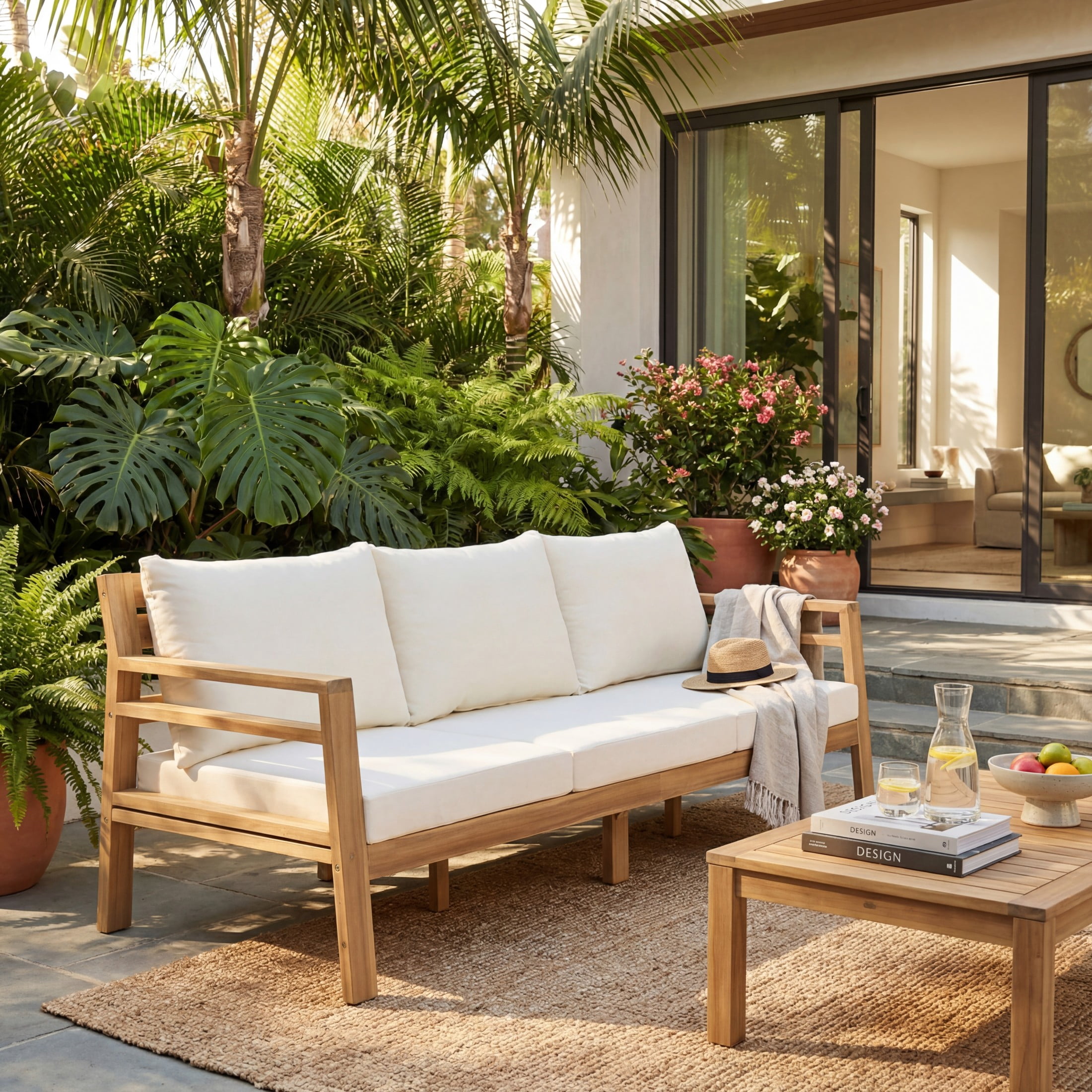 Christopher Knight Home 76" Outdoor Acacia Wood 3-Seater Sofa with Curved Backrest, Light Teak+Beige