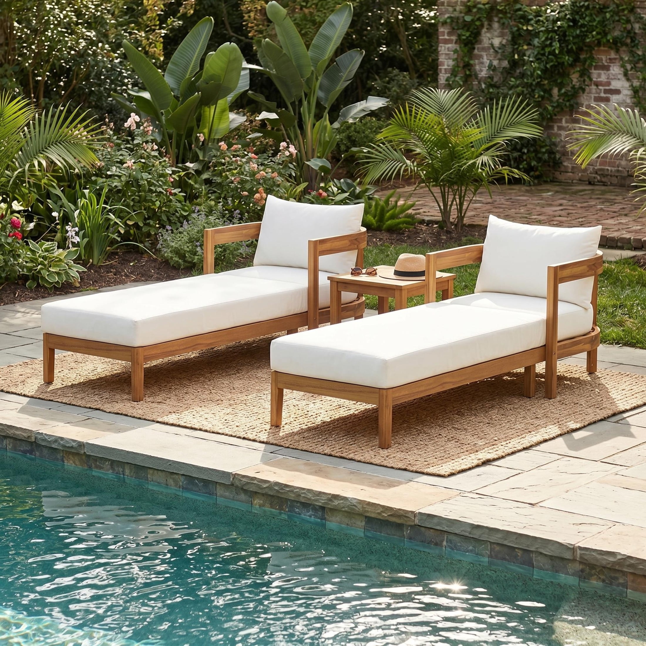 Christopher Knight Home 77" Acacia Wood Outdoor Chaise Lounge with Cushion, Curved Frame, Teak+Cream, Set of 2