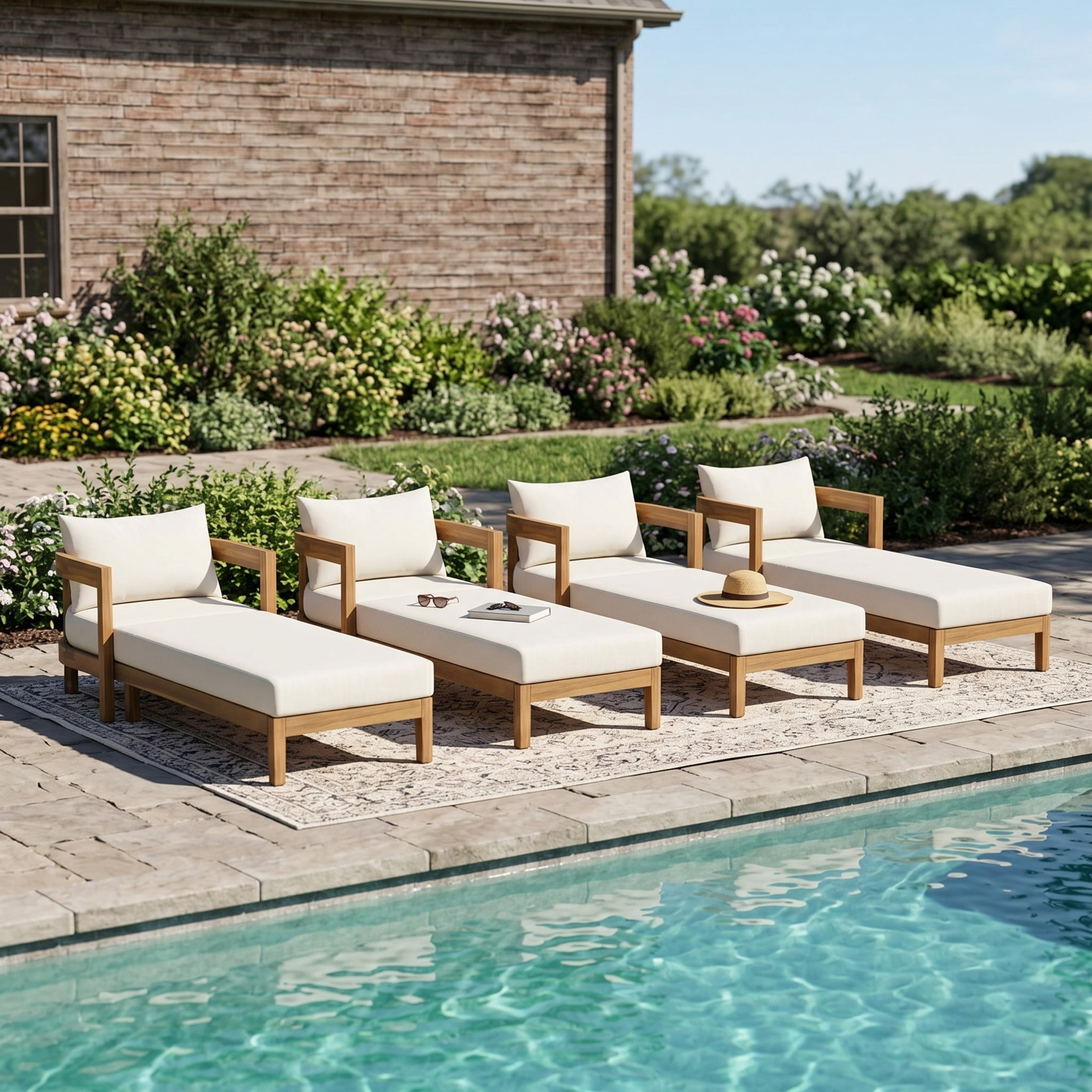 Christopher Knight Home 77" Acacia Wood Outdoor Chaise Lounge with Cushion, Curved Frame, Teak+Cream, Set of 4