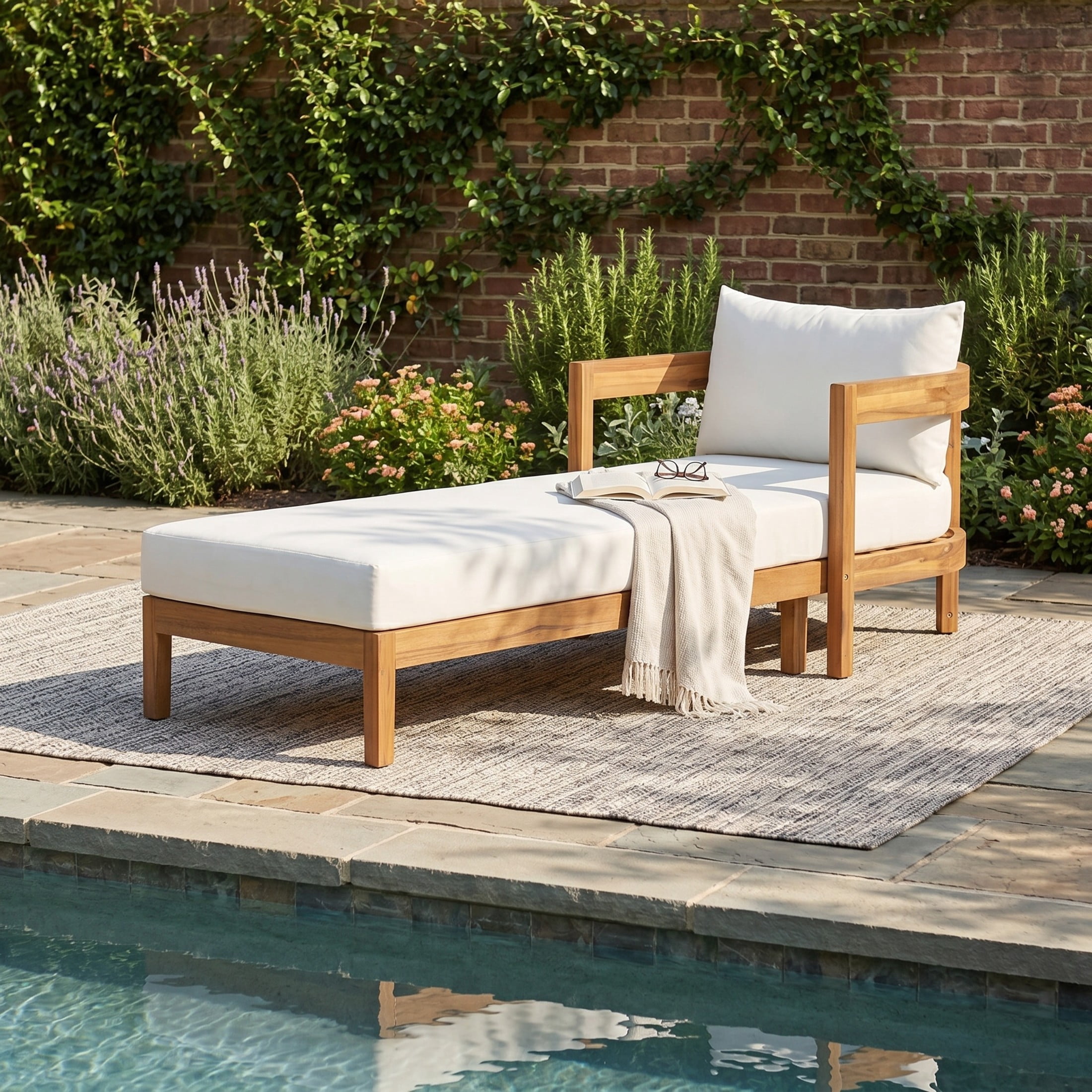 Christopher Knight Home 77" Acacia Wood Outdoor Chaise Lounge with Cushion, Curved Frame, Teak+Cream