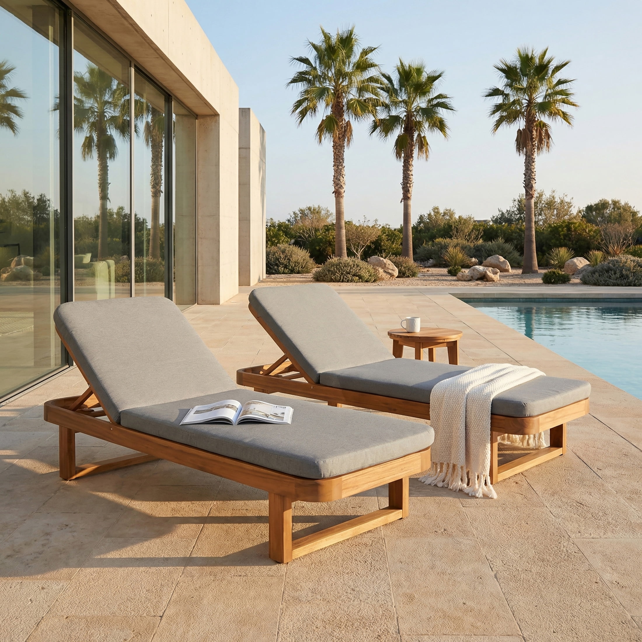 Christopher Knight Home 77" Coastal Outdoor Acacia Wood Adjustable Chaise Lounge, Light Gray Cushion, Set of 2