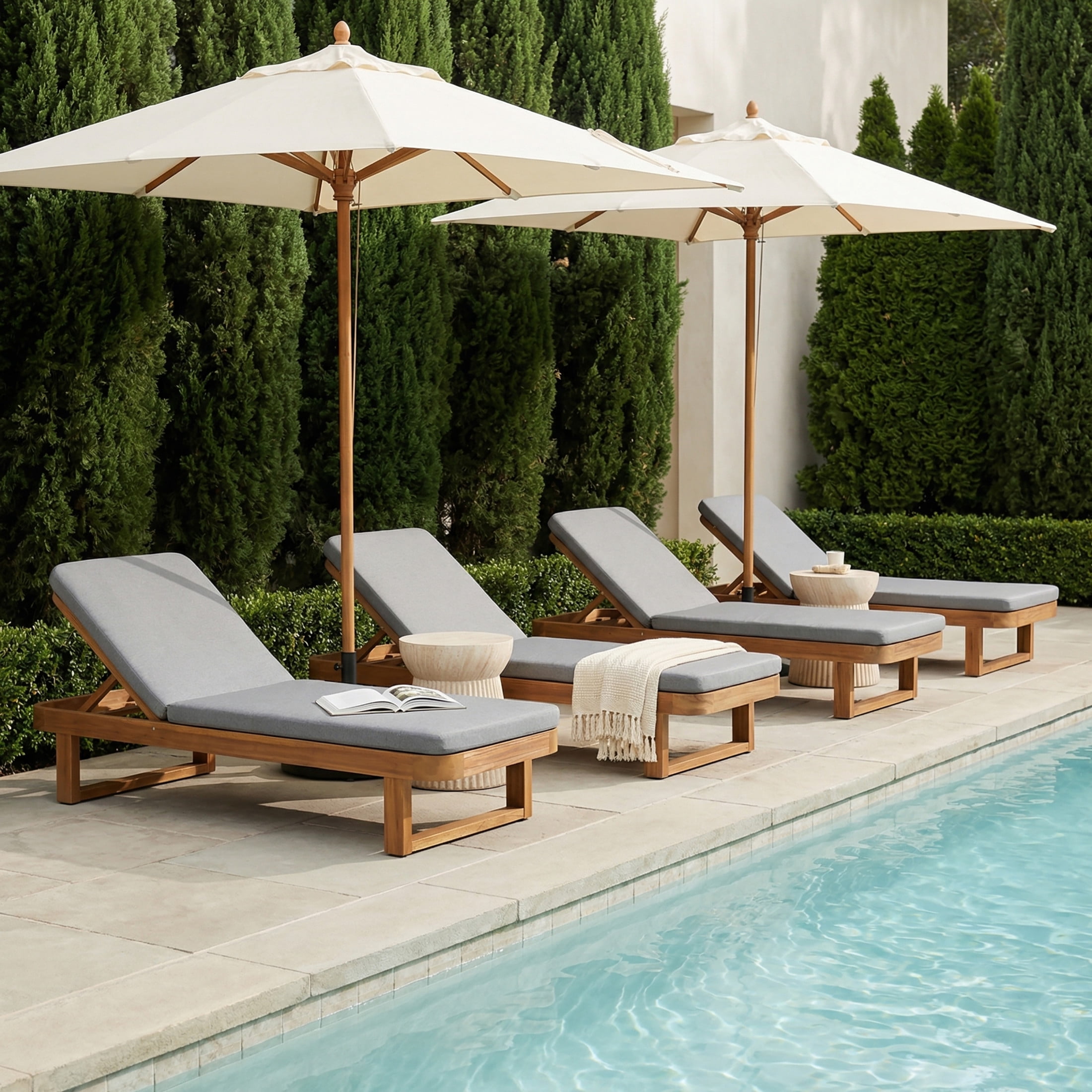 Christopher Knight Home 77" Coastal Outdoor Acacia Wood Adjustable Chaise Lounge, Light Gray Cushion, Set of 4