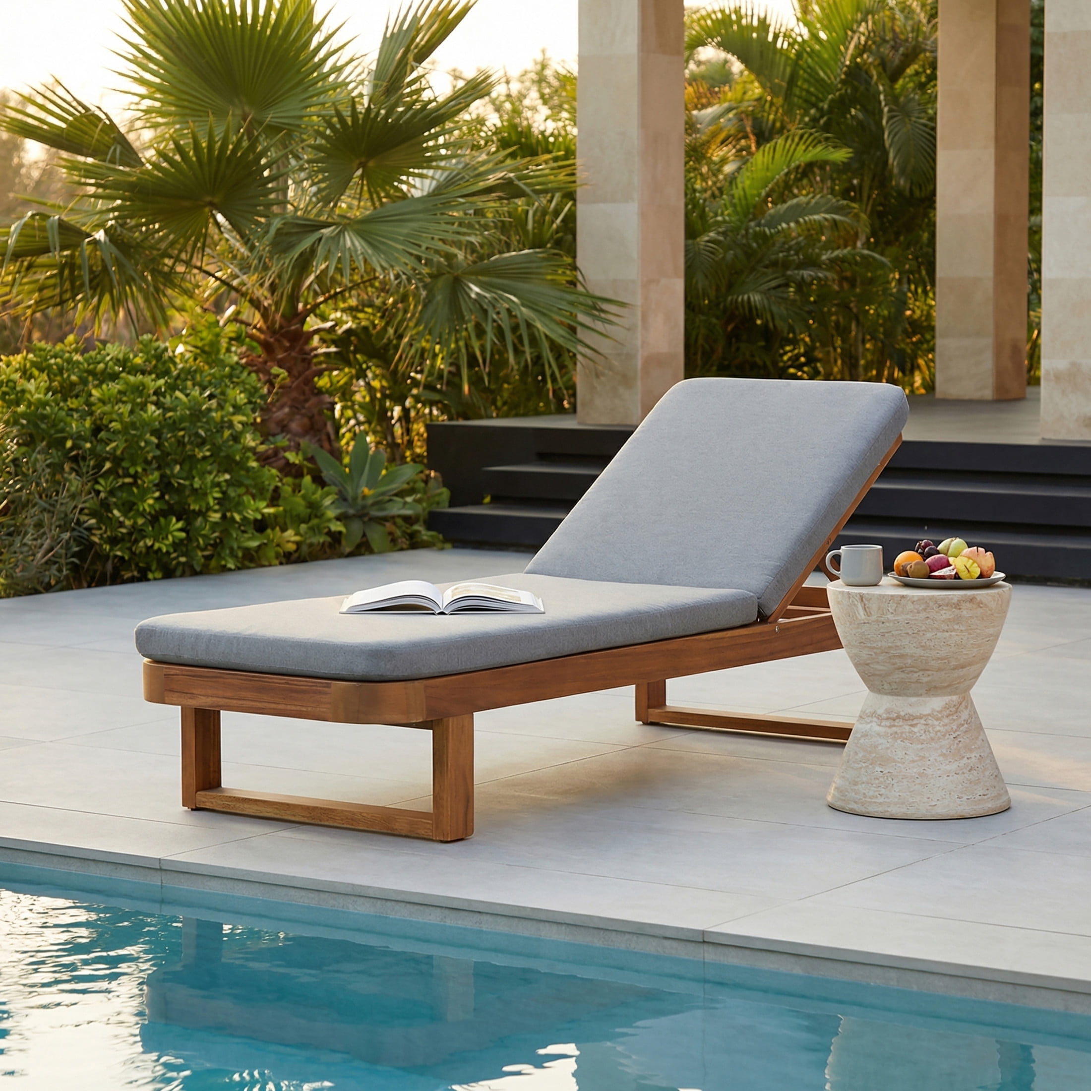 Christopher Knight Home 77" Coastal Outdoor Acacia Wood Adjustable Chaise Lounge, Light Gray Cushion