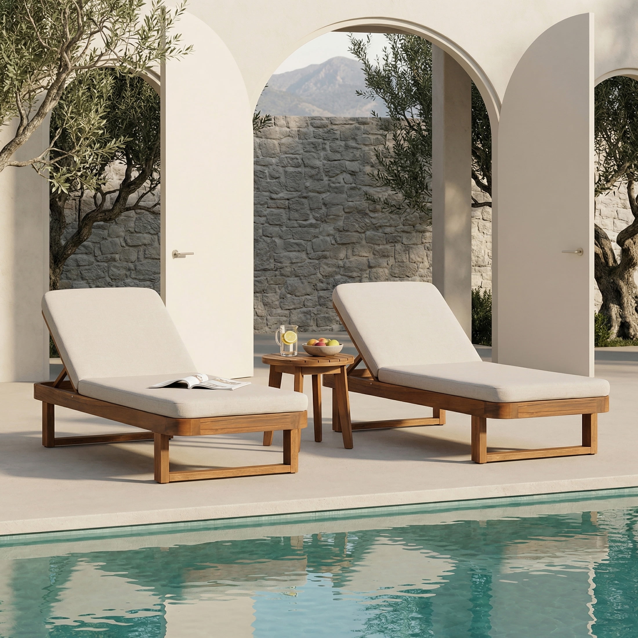 Christopher Knight Home 77" Coastal Outdoor Acacia Wood Adjustable Chaise Lounge, Sand Cushion, Set of 2