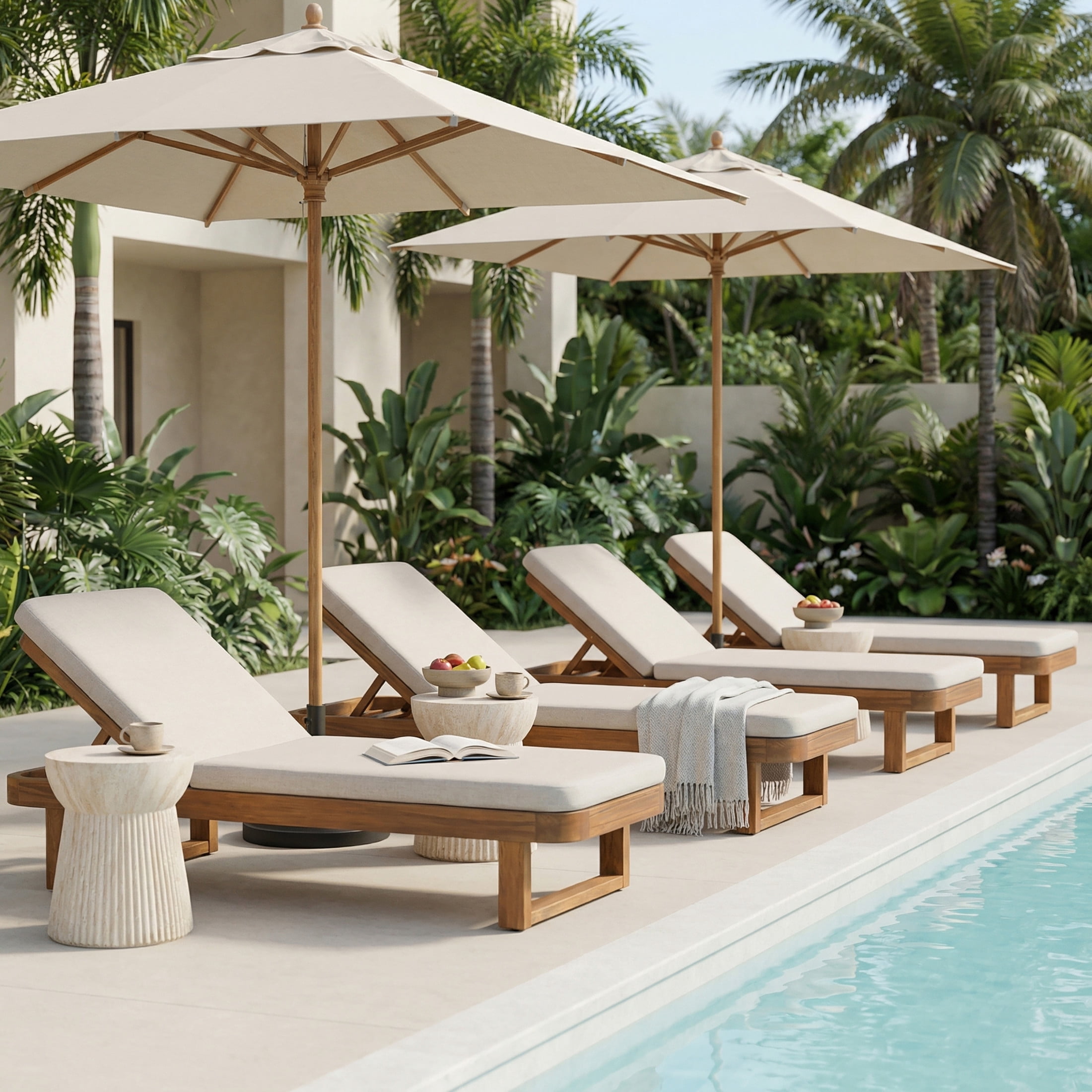 Christopher Knight Home 77" Coastal Outdoor Acacia Wood Adjustable Chaise Lounge, Sand Cushion, Set of 4