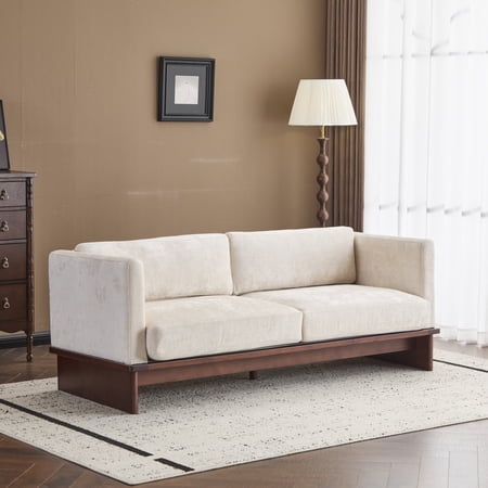 Christopher Knight Home 77" Modern 3-Seater Sofa, Beige Upholstered Couch with Walnut Solid Wood Base