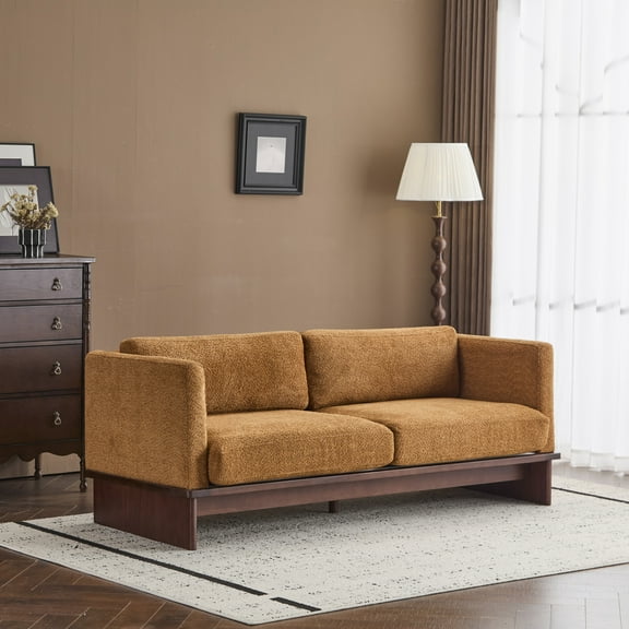 Christopher Knight Home 77" Modern 3-Seater Sofa, Camel Upholstered Couch with Walnut Solid Wood Base