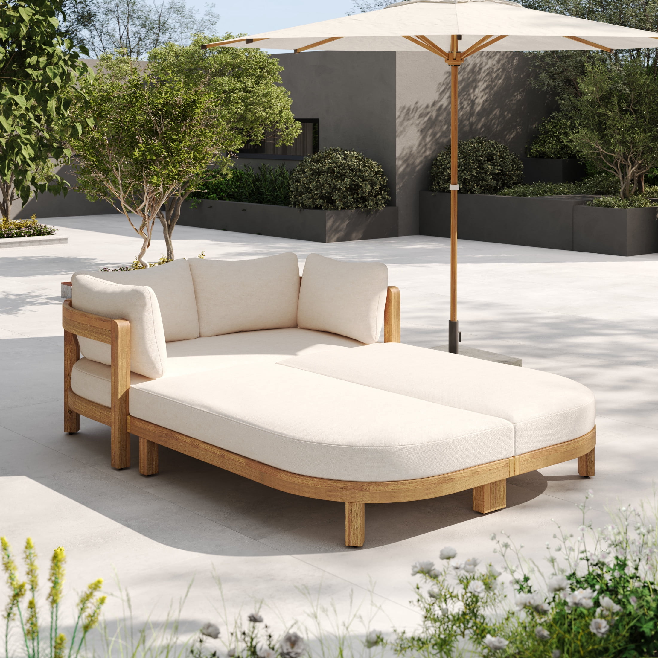 Christopher Knight Home 78.75" Outdoor Acacia Wood Daybed with Beige Cushions, Teak Curved Frame