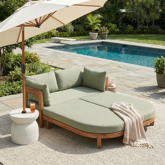 Christopher Knight Home 78.75" Outdoor Acacia Wood Daybed with Green Cushions, Teak Curved Frame