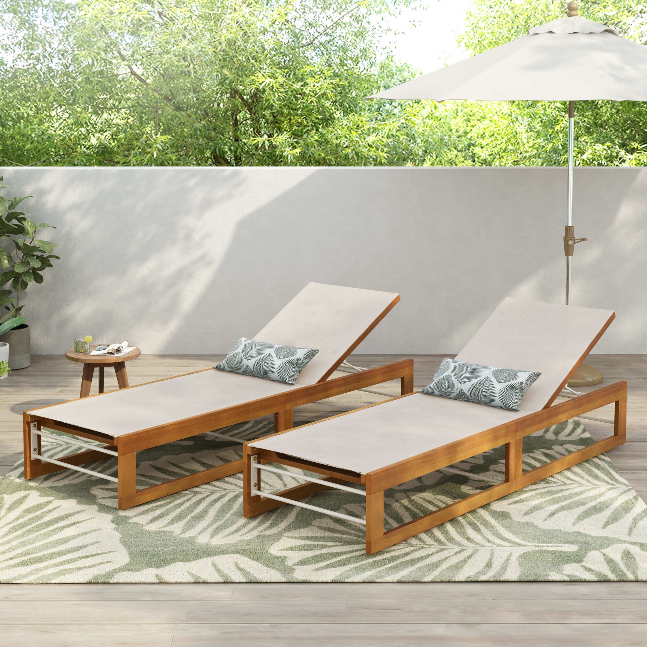 Christopher Knight Home 78.75" Outdoor Chaise Lounge, Teak Finish Wood Frame with Beige Mesh Seating, Set of 2