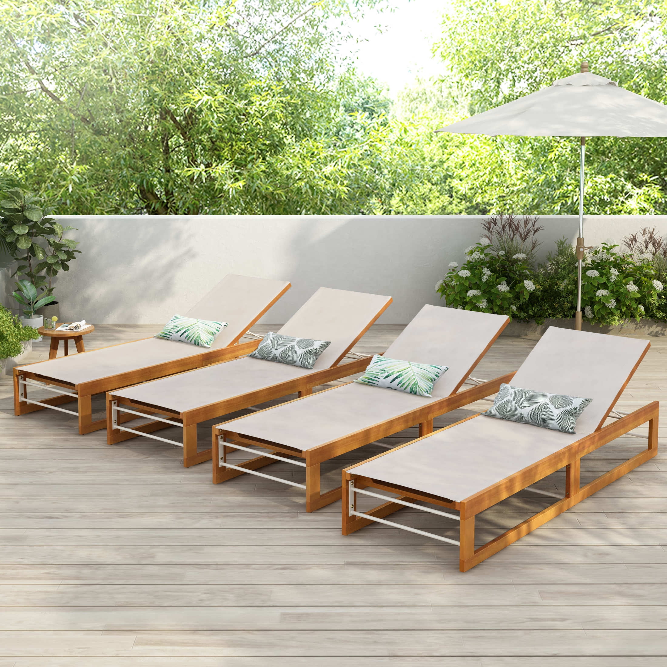 Christopher Knight Home 78.75" Outdoor Chaise Lounge, Teak Finish Wood Frame with Beige Mesh Seating, Set of 4