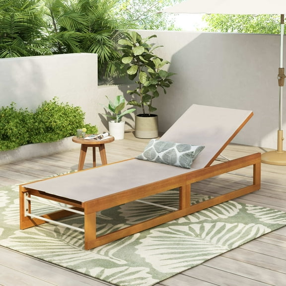 Christopher Knight Home 78.75" Outdoor Chaise Lounge, Teak Finish Wood Frame with Beige Mesh Seating